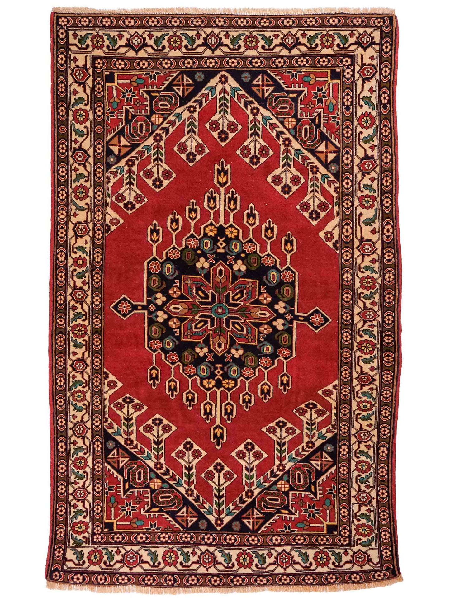 Handgeknüpfter, afghanischer Turkaman Nomadenteppich aus Wolle von Khademi. Größe: 201 x 127 cm. Farbe: Rot, cremeweiß. Verkauf durch JUPITER Intl.