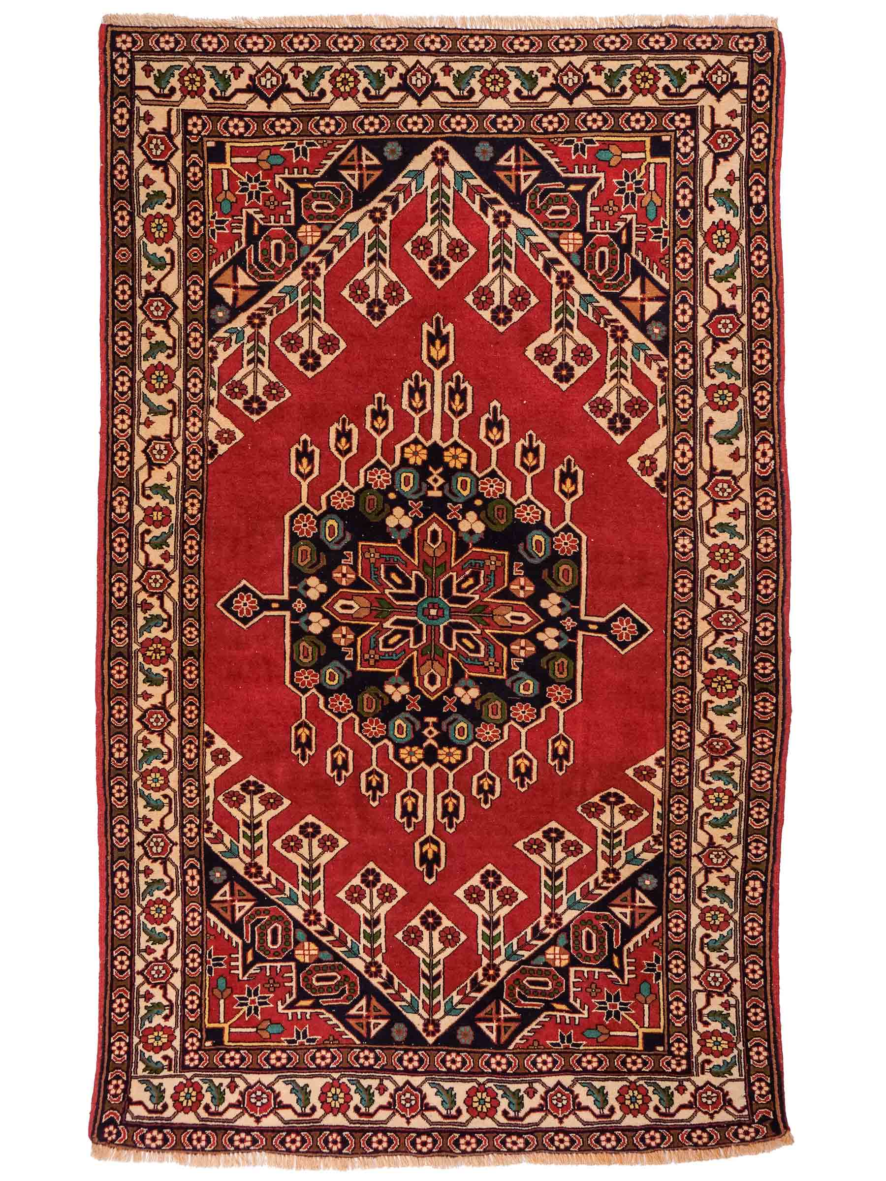 Handgeknüpfter, afghanischer Turkaman Nomadenteppich aus Wolle von Khademi. Größe: 201 x 127 cm. Farbe: Rot, cremeweiß. Verkauf durch JUPITER Intl.