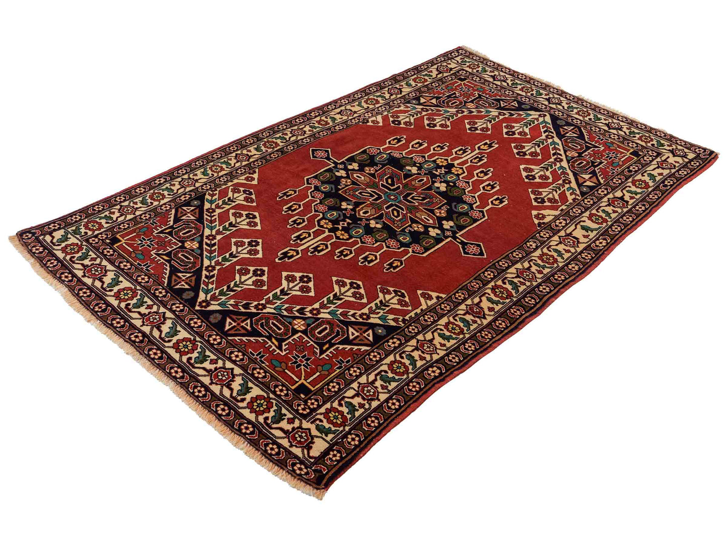 Handgeknüpfter, afghanischer Turkaman Nomadenteppich aus Wolle von Khademi. Größe: 201 x 127 cm. Farbe: Rot, cremeweiß. Verkauf durch JUPITER Intl.