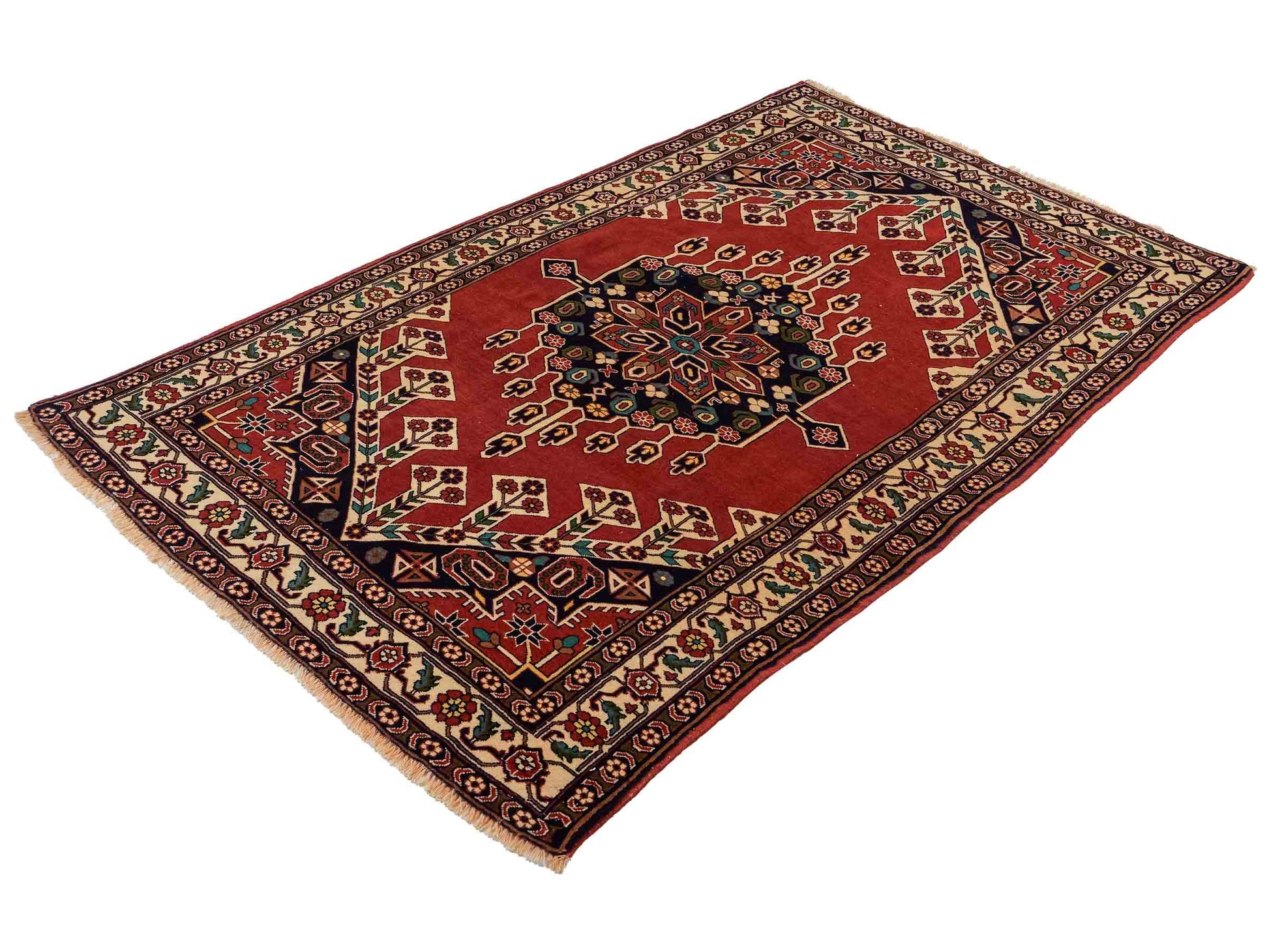 Handgeknüpfter, afghanischer Turkaman Nomadenteppich aus Wolle von Khademi. Größe: 201 x 127 cm. Farbe: Rot, cremeweiß. Verkauf durch JUPITER Intl.