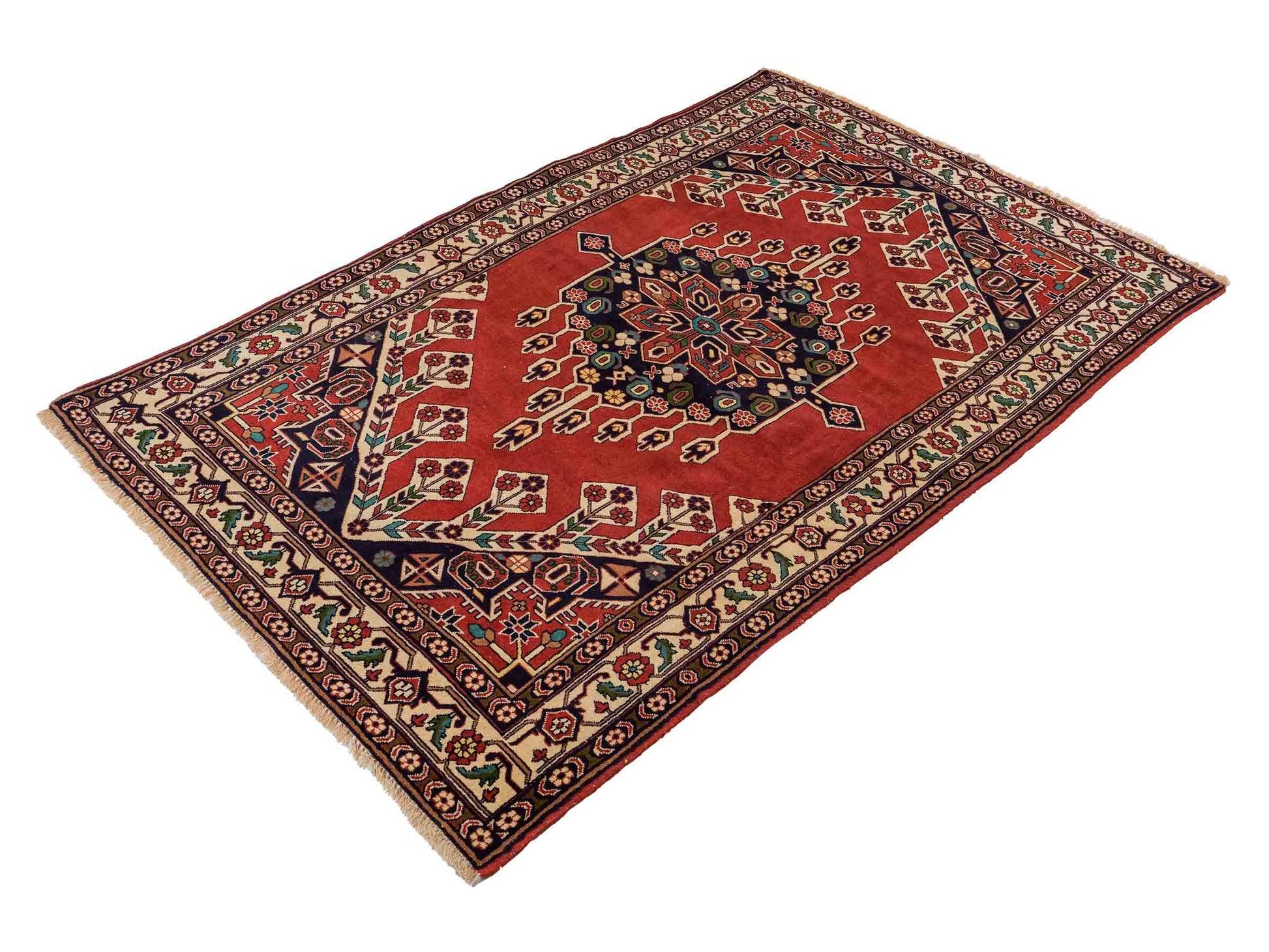 Handgeknüpfter, afghanischer Turkaman Nomadenteppich aus Wolle von Khademi. Größe: 201 x 127 cm. Farbe: Rot, cremeweiß. Verkauf durch JUPITER Intl.