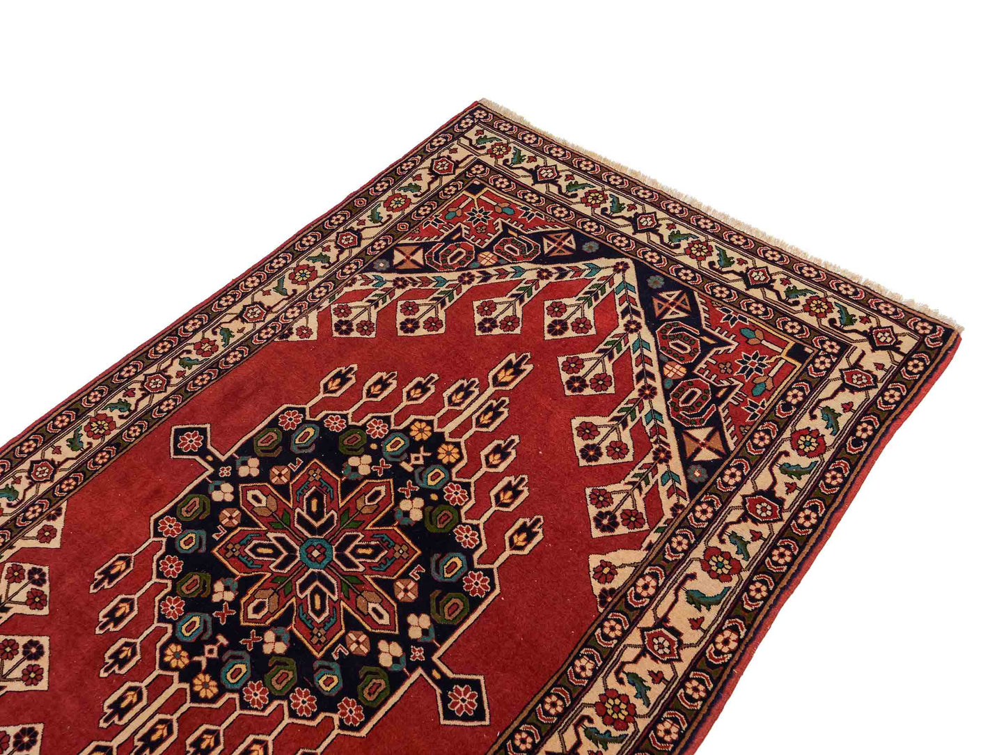 Handgeknüpfter, afghanischer Turkaman Nomadenteppich aus Wolle von Khademi. Größe: 201 x 127 cm. Farbe: Rot, cremeweiß. Verkauf durch JUPITER Intl.