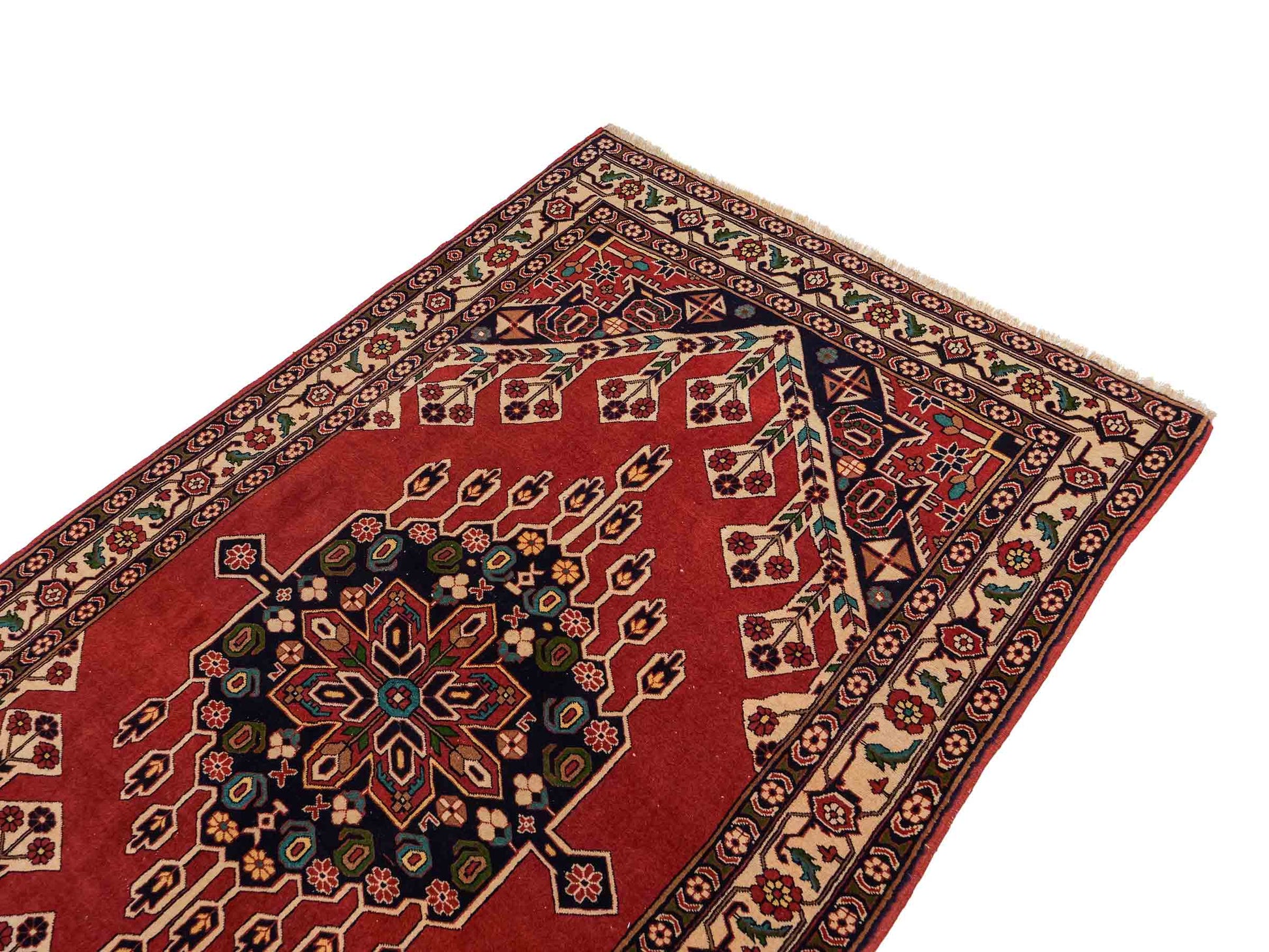 Handgeknüpfter, afghanischer Turkaman Nomadenteppich aus Wolle von Khademi. Größe: 201 x 127 cm. Farbe: Rot, cremeweiß. Verkauf durch JUPITER Intl.
