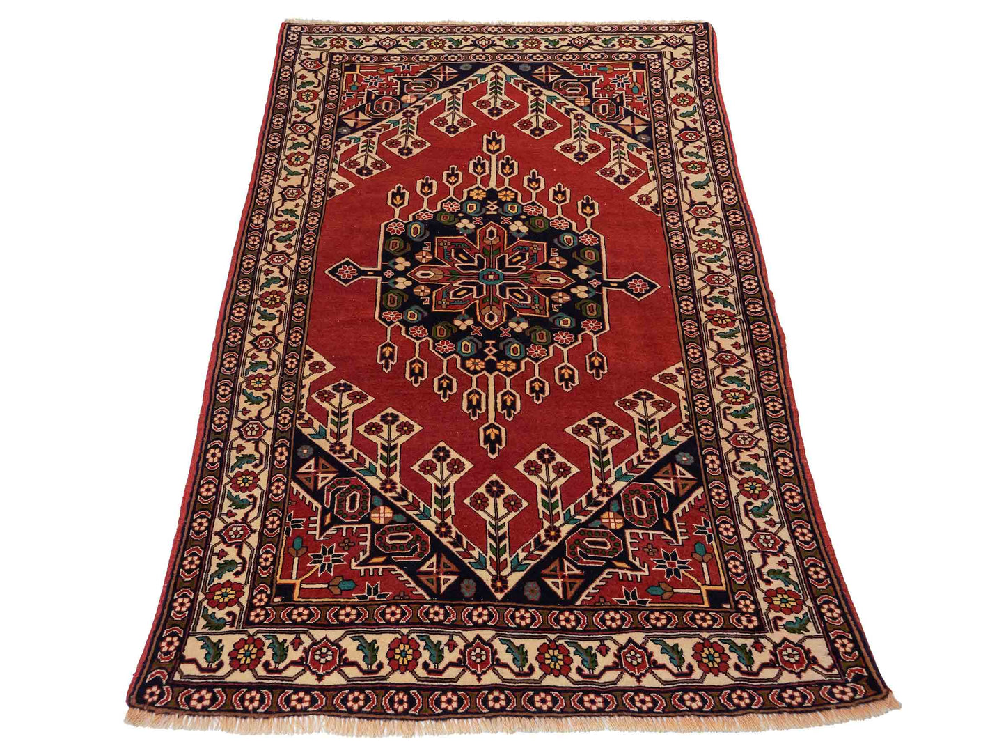 Handgeknüpfter, afghanischer Turkaman Nomadenteppich aus Wolle von Khademi. Größe: 201 x 127 cm. Farbe: Rot, cremeweiß. Verkauf durch JUPITER Intl.