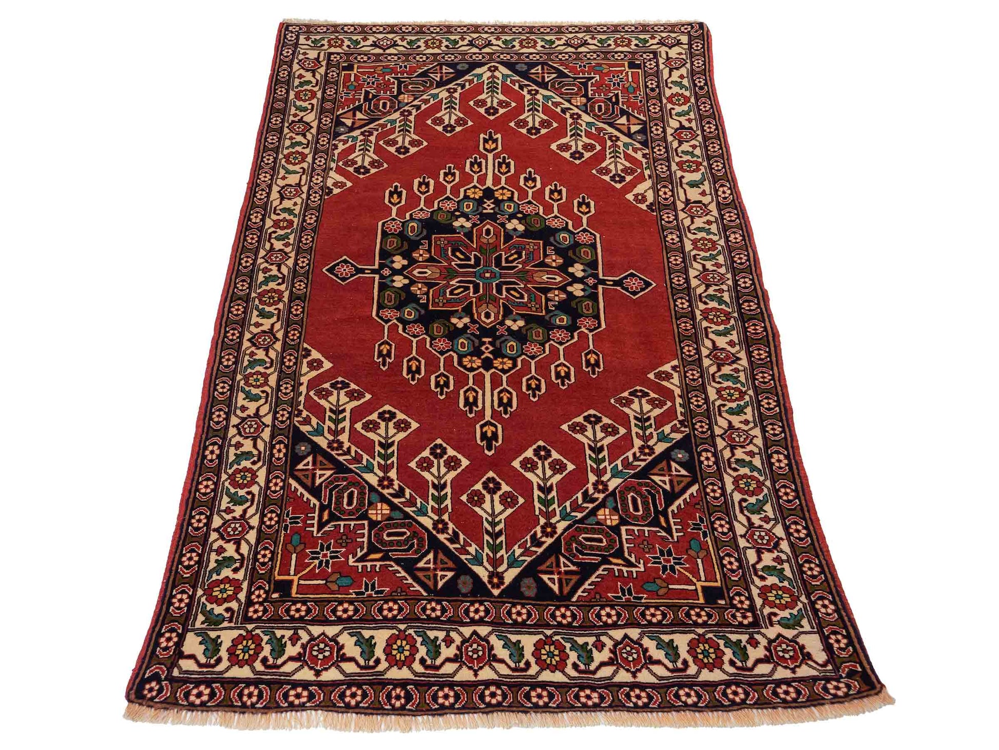 Handgeknüpfter, afghanischer Turkaman Nomadenteppich aus Wolle von Khademi. Größe: 201 x 127 cm. Farbe: Rot, cremeweiß. Verkauf durch JUPITER Intl.