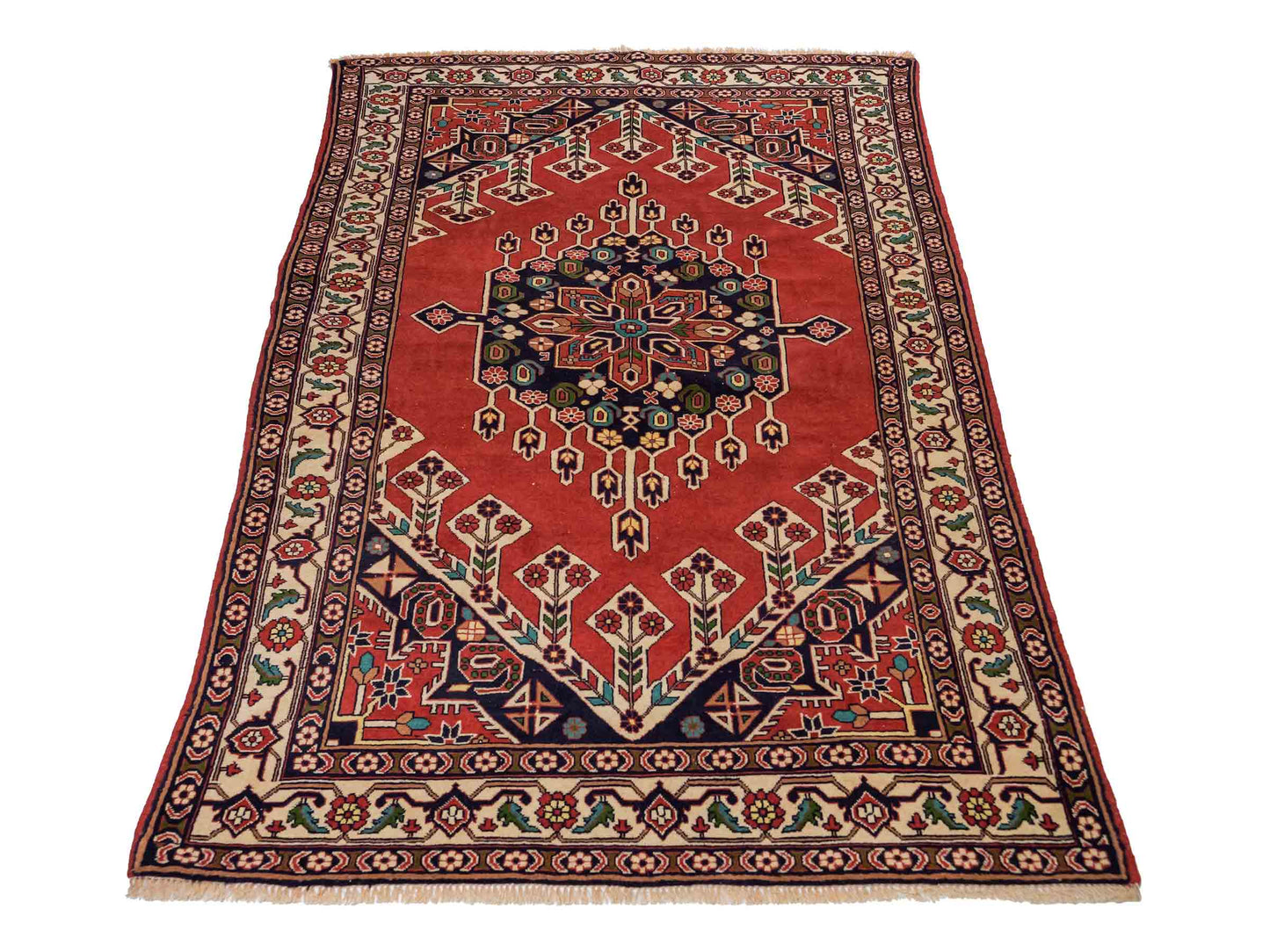 Handgeknüpfter, afghanischer Turkaman Nomadenteppich aus Wolle von Khademi. Größe: 201 x 127 cm. Farbe: Rot, cremeweiß. Verkauf durch JUPITER Intl.