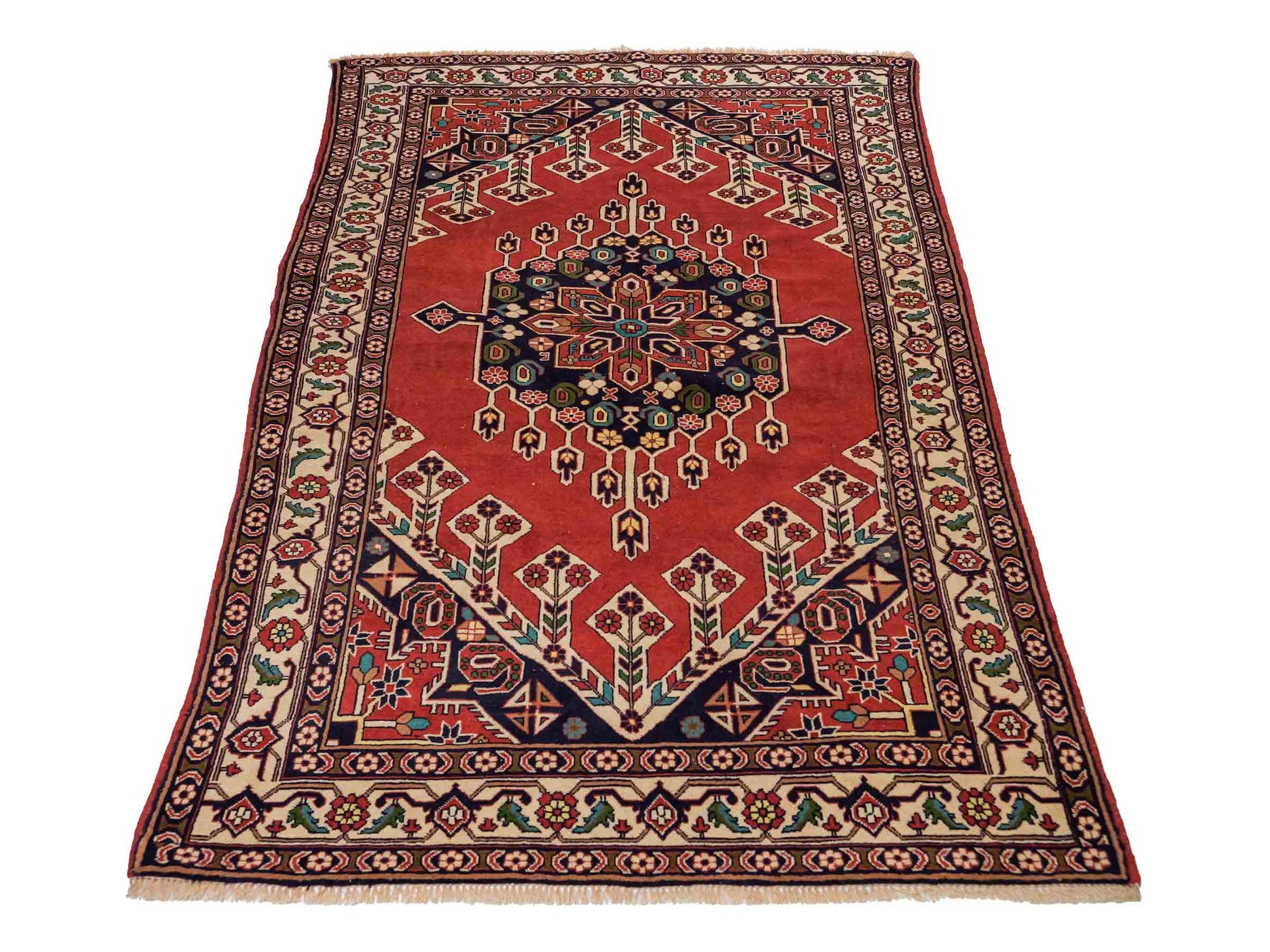 Handgeknüpfter, afghanischer Turkaman Nomadenteppich aus Wolle von Khademi. Größe: 201 x 127 cm. Farbe: Rot, cremeweiß. Verkauf durch JUPITER Intl.