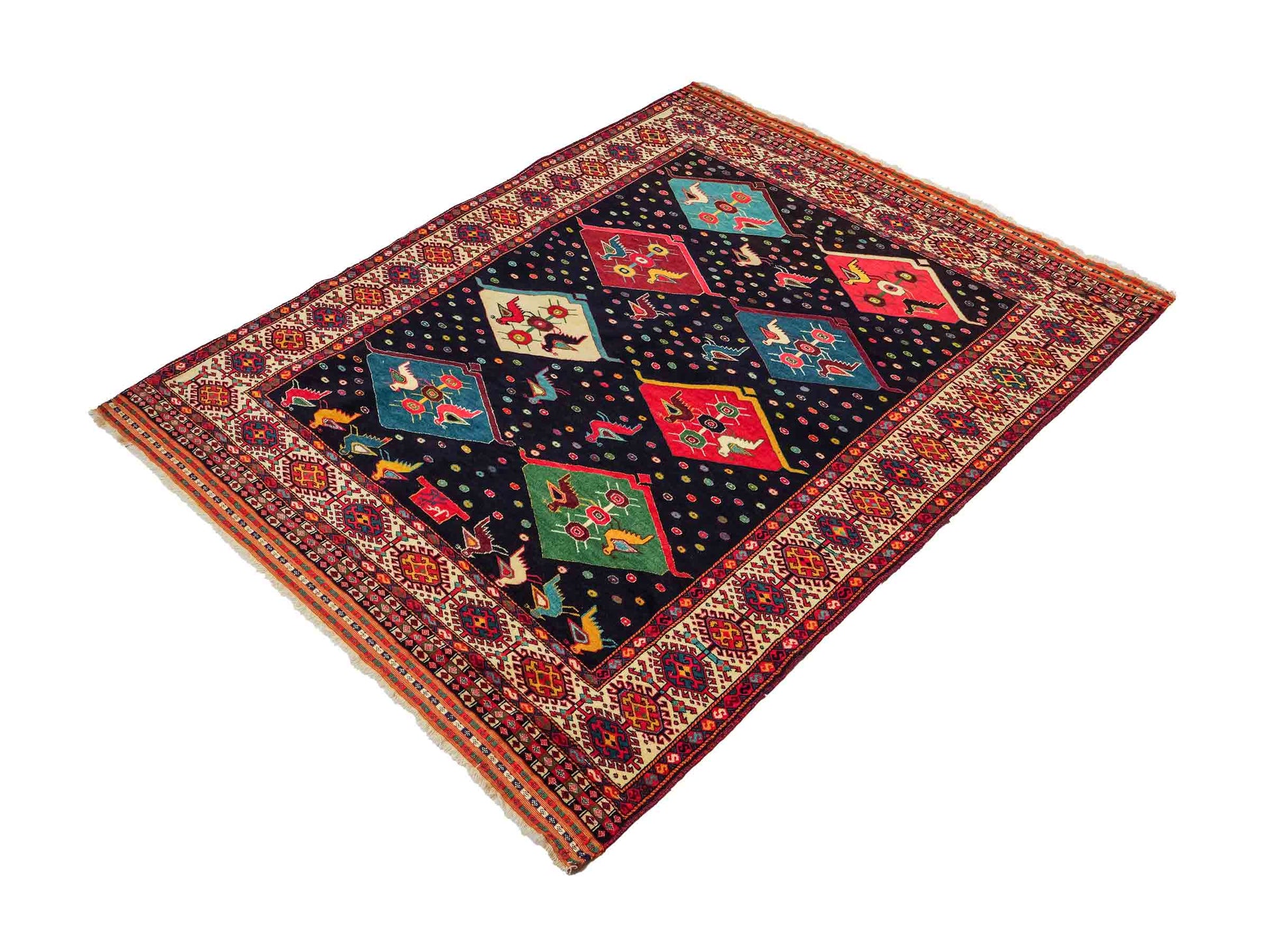 Feiner, handgeknüpfter, antiker Afghan Wollteppich von Khademi. Größe: 158 x 132 cm. Farbe: Blau, cremeweiß. Verkauf durch JUPITER Intl.