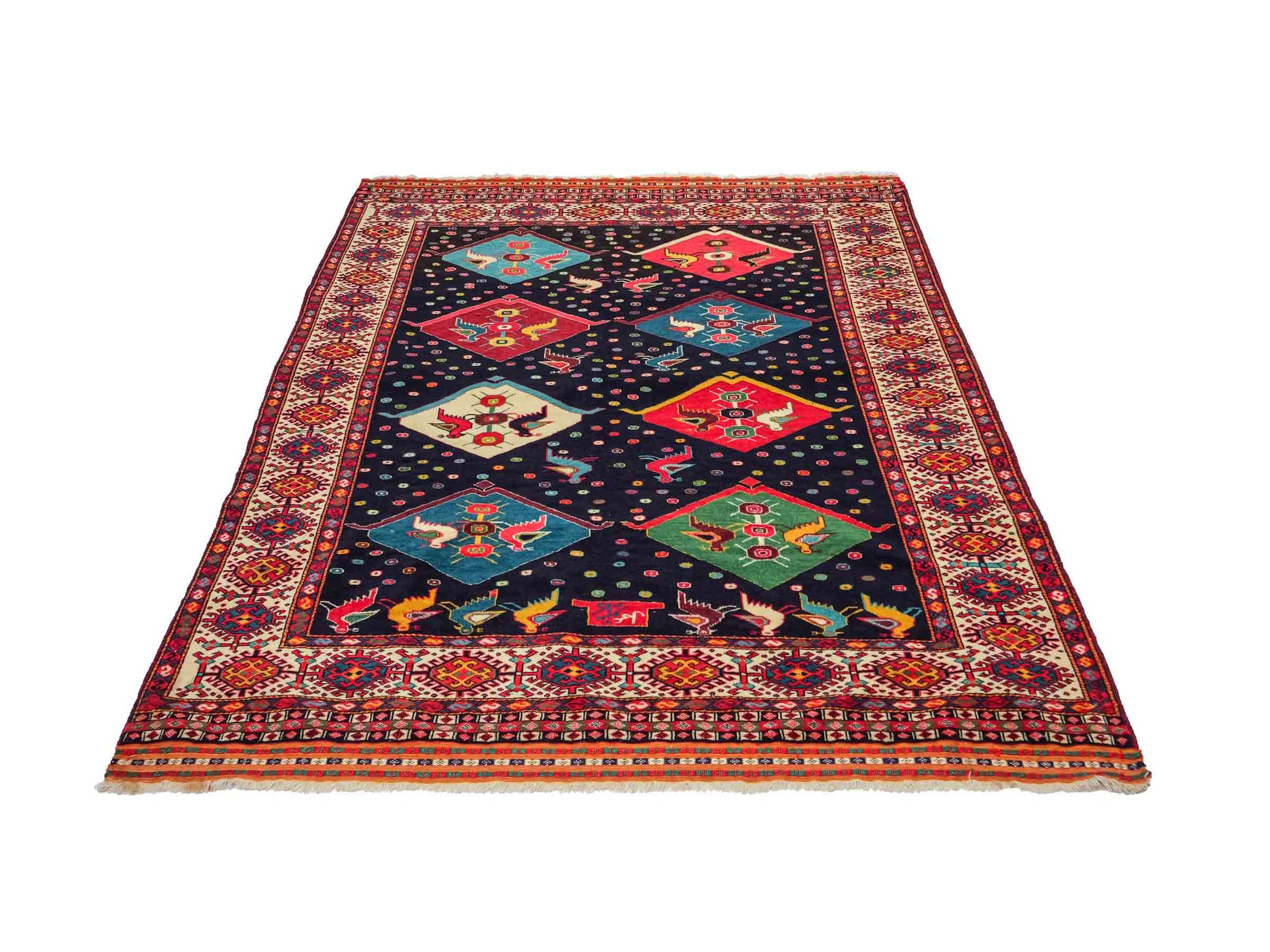 Feiner, handgeknüpfter, antiker Afghan Wollteppich von Khademi. Größe: 158 x 132 cm. Farbe: Blau, cremeweiß. Verkauf durch JUPITER Intl.