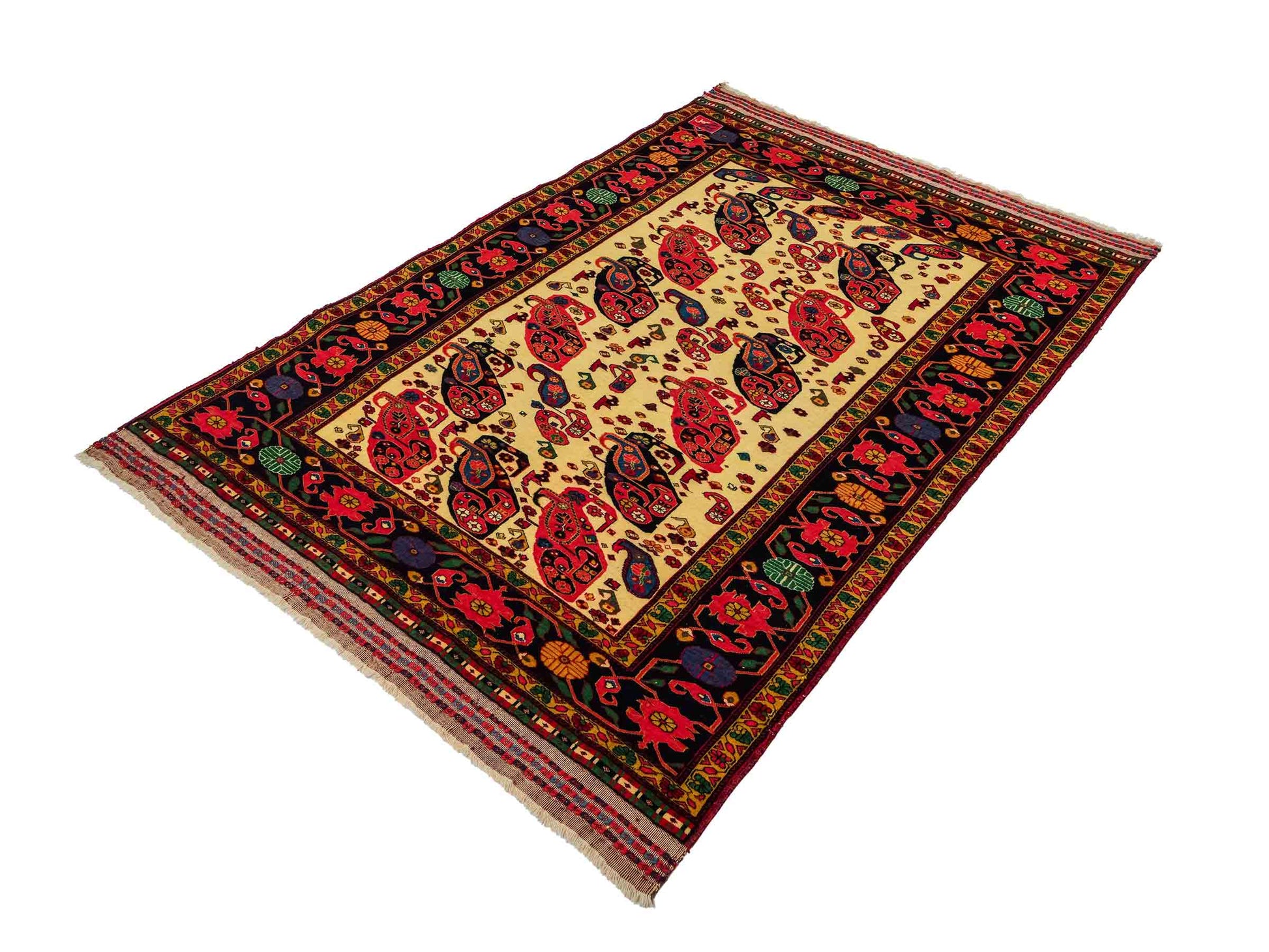 Feiner, handgeknüpfter, antiker Afghan Wollteppich von Khademi. Größe: 168 x 123 cm. Farbe: Cremeweiß, beige, blau, rot. Verkauf durch JUPITER Intl.