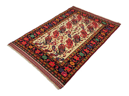 Feiner, handgeknüpfter, antiker Afghan Wollteppich von Khademi. Größe: 168 x 123 cm. Farbe: Cremeweiß, beige, blau, rot. Verkauf durch JUPITER Intl.