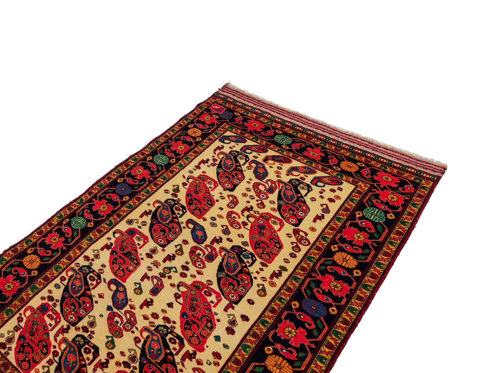 Feiner, handgeknüpfter, antiker Afghan Wollteppich von Khademi. Größe: 168 x 123 cm. Farbe: Cremeweiß, beige, blau, rot. Verkauf durch JUPITER Intl.