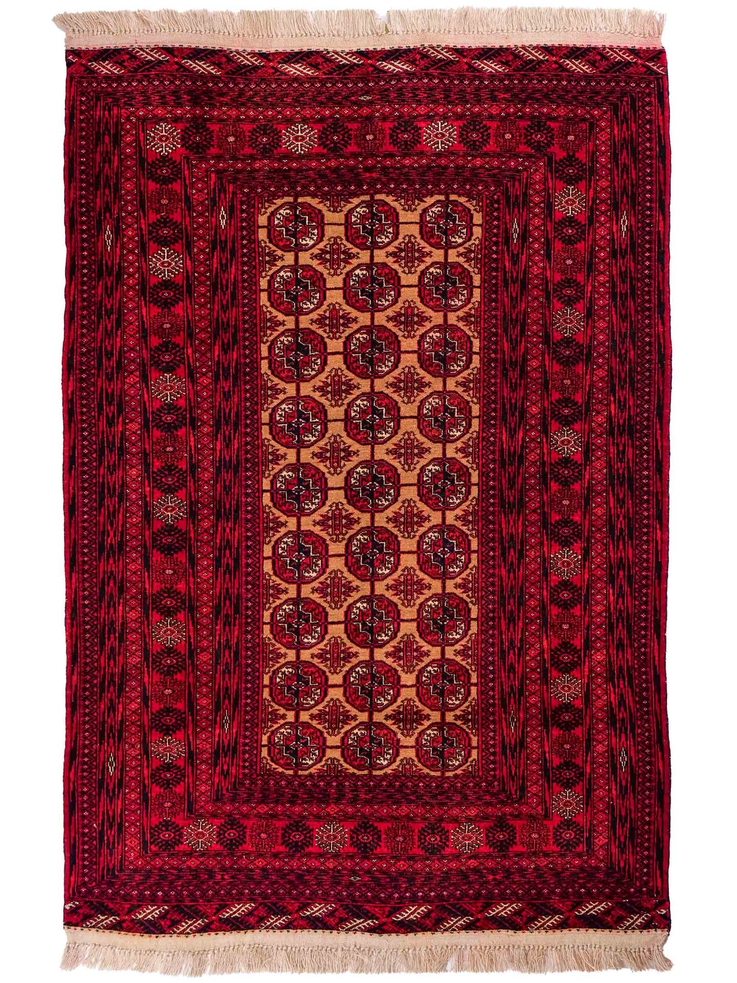 Feiner, handgeknüpfter Afghan Mauri Wollteppich von Khademi. Größe: 175 x 128 cm. Farbe: Rot, beige. Verkauf durch JUPITER Intl.