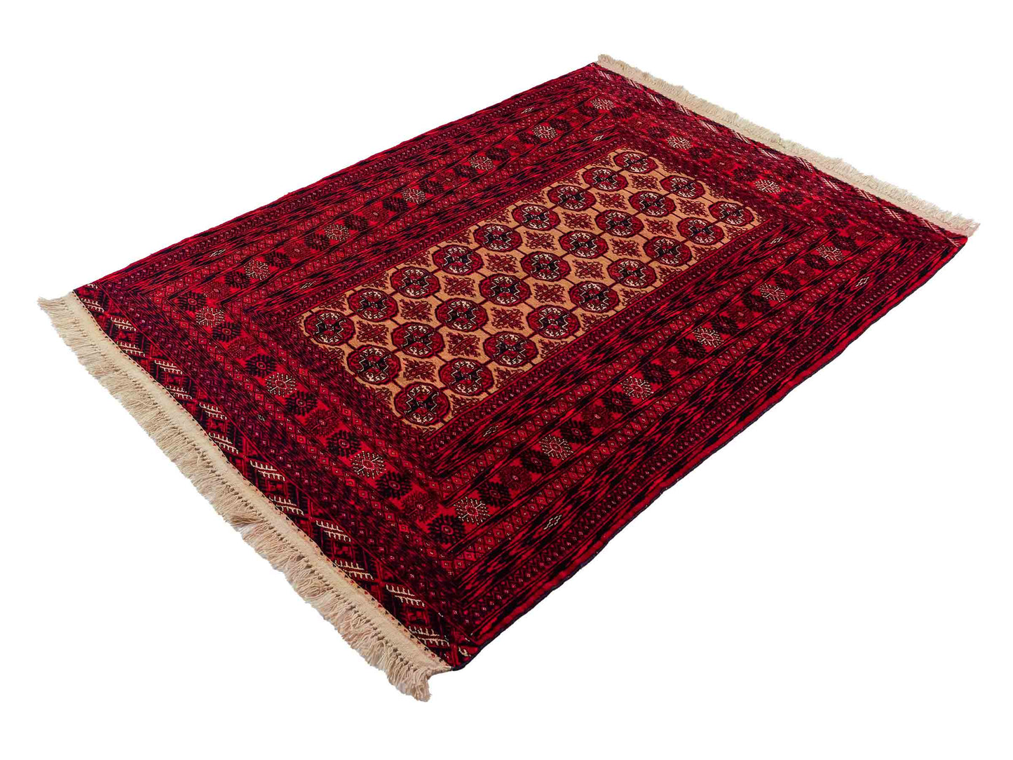 Feiner, handgeknüpfter Afghan Mauri Wollteppich von Khademi. Größe: 175 x 128 cm. Farbe: Rot, beige. Verkauf durch JUPITER Intl.