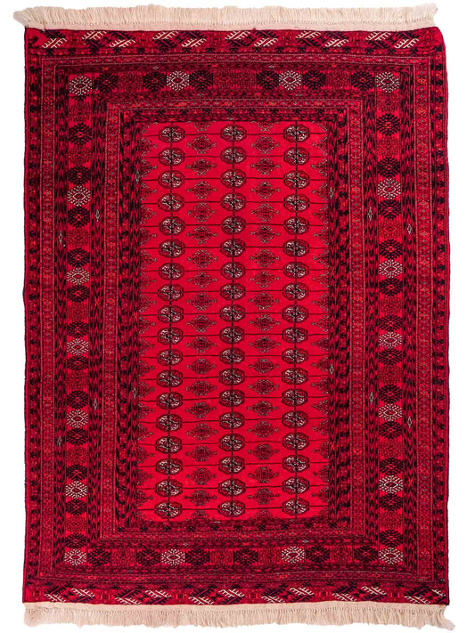 Feiner, handgeknüpfter Afghan Mauri Wollteppich von Khademi. Größe: 180 x 137 cm. Farbe: Rot, blau. Verkauf durch JUPITER Intl.