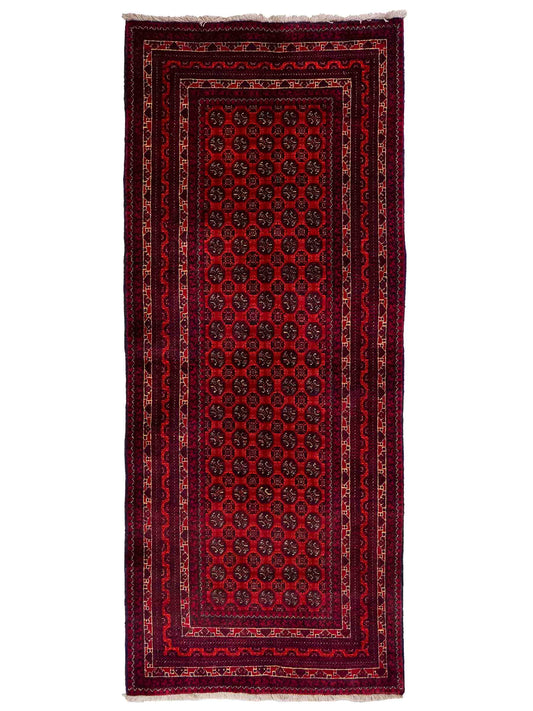 Feiner, handgeknüpfter Afghan Mauri Wollteppich von Khademi. Größe: 196 x 79 cm. Farbe: Rot, blau. Verkauf durch JUPITER Intl.