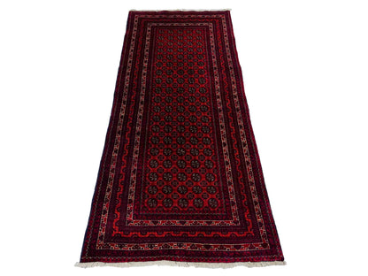 Feiner, handgeknüpfter Afghan Mauri Wollteppich von Khademi. Größe: 196 x 79 cm. Farbe: Rot, blau. Verkauf durch JUPITER Intl.