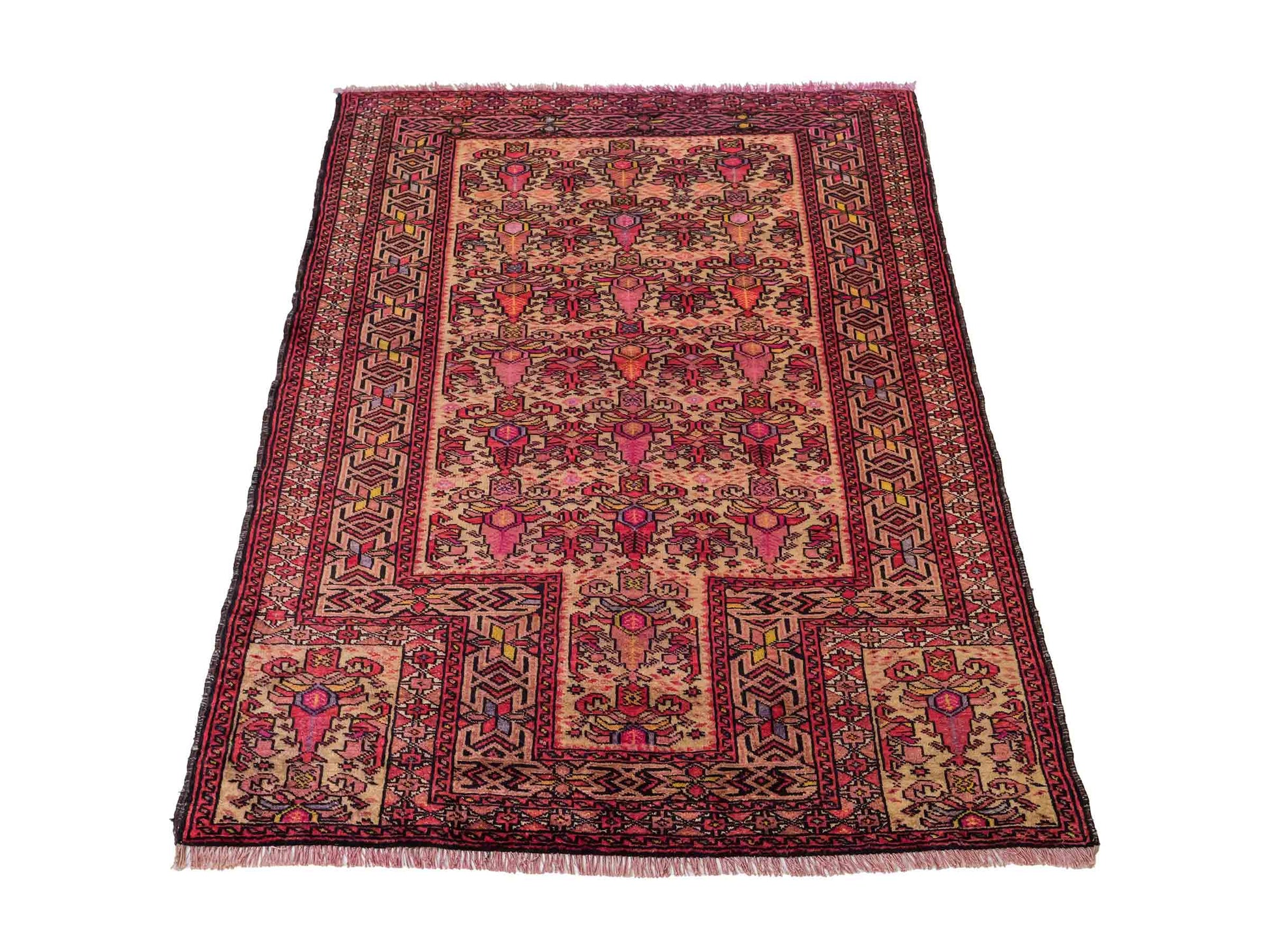 Feiner, handgeknüpfter Afghan Wollteppich von Khademi. Größe: 143 x 105 cm. Farbe: Cremeweiß, beige, rosa, lila. Verkauf durch JUPITER Intl.