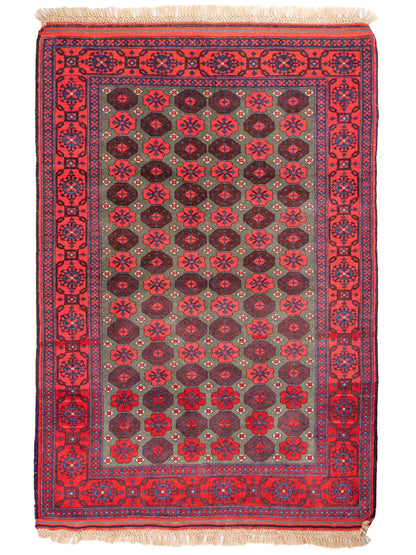 Feiner, handgeknüpfter Afghan Wollteppich von Khademi. Größe: 170 x 130 cm. Farbe: Rot, grün. Verkauf durch JUPITER Intl.