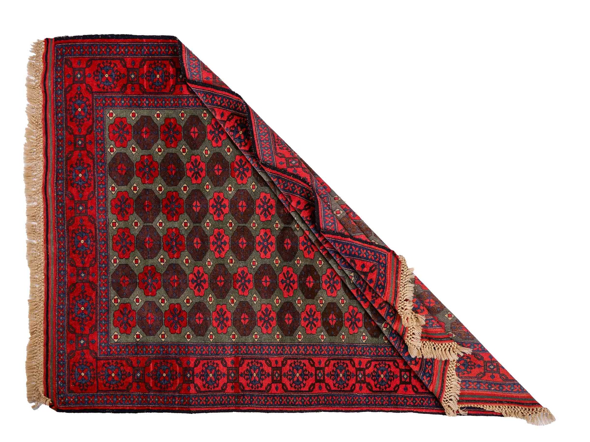 Feiner, handgeknüpfter Afghan Wollteppich von Khademi. Größe: 170 x 130 cm. Farbe: Rot, grün. Verkauf durch JUPITER Intl.