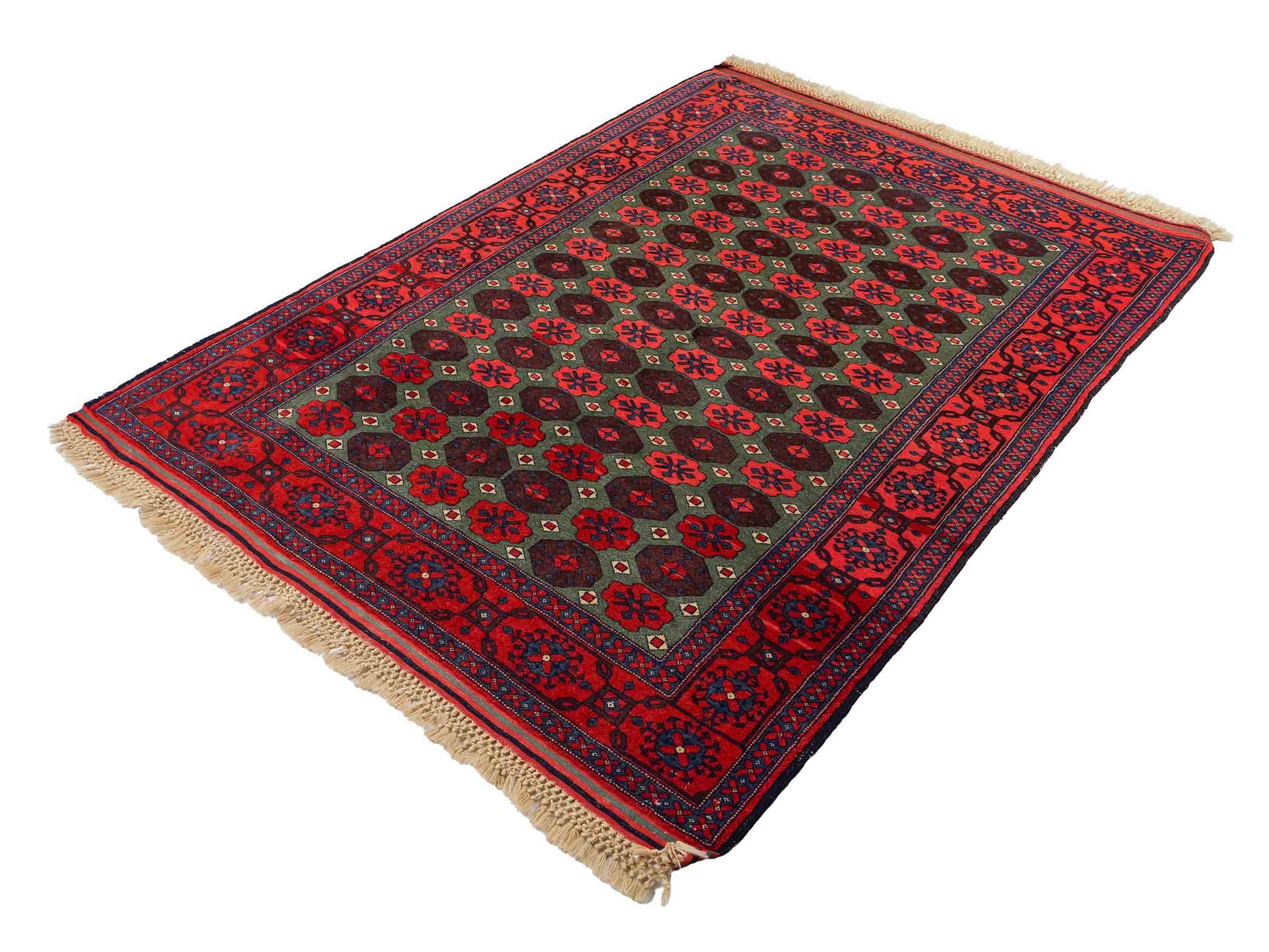 Feiner, handgeknüpfter Afghan Wollteppich von Khademi. Größe: 170 x 130 cm. Farbe: Rot, grün. Verkauf durch JUPITER Intl.