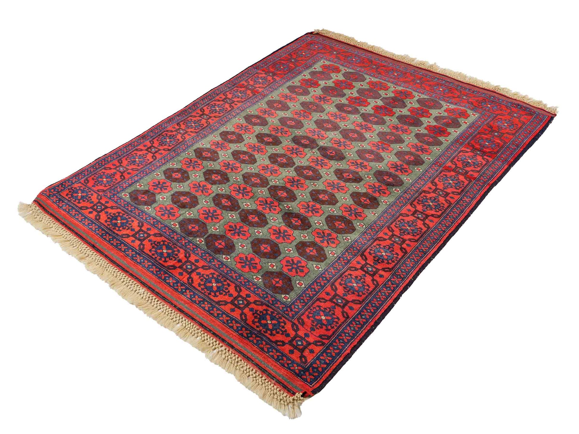 Feiner, handgeknüpfter Afghan Wollteppich von Khademi. Größe: 170 x 130 cm. Farbe: Rot, grün. Verkauf durch JUPITER Intl.