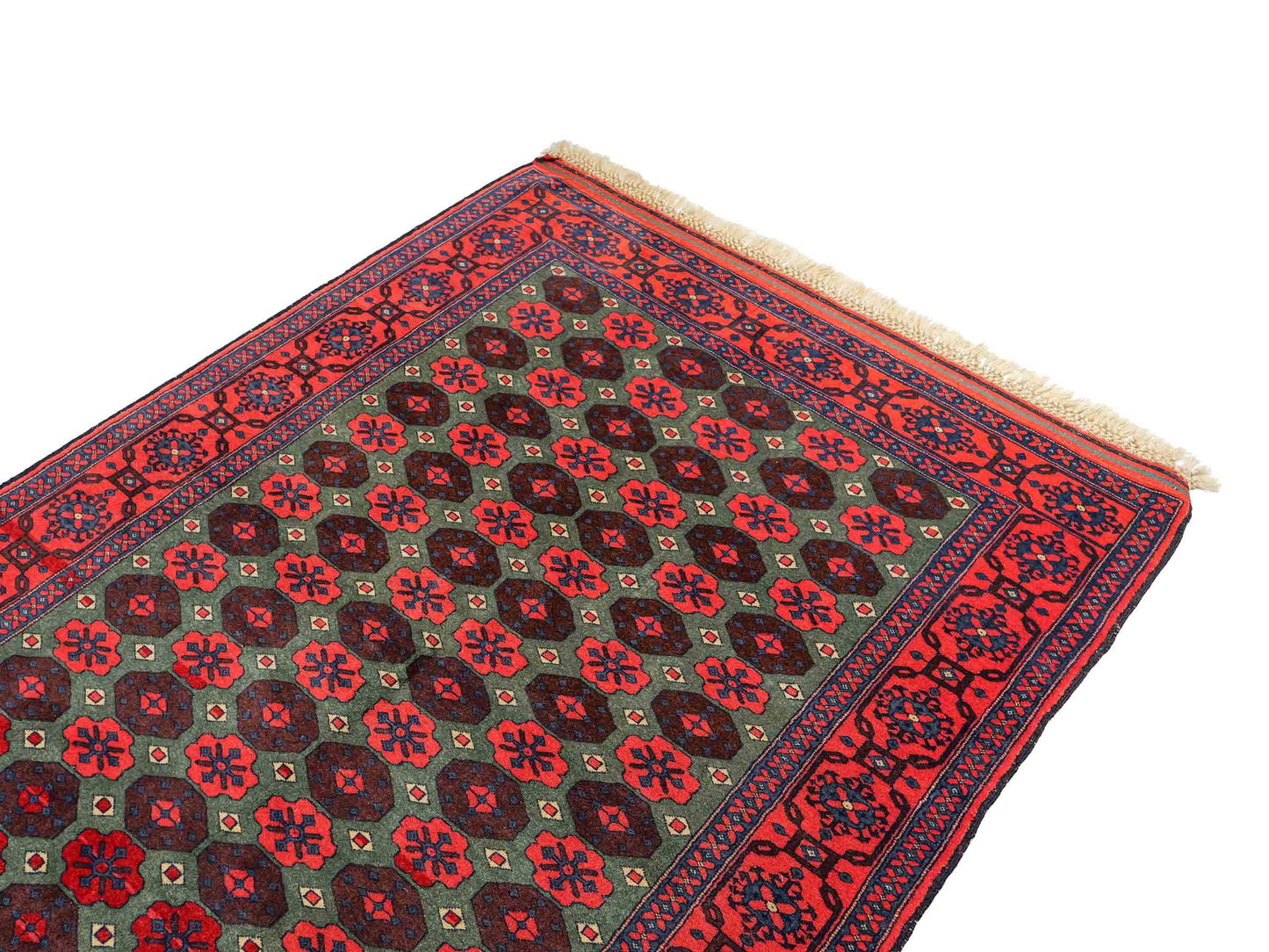 Feiner, handgeknüpfter Afghan Wollteppich von Khademi. Größe: 170 x 130 cm. Farbe: Rot, grün. Verkauf durch JUPITER Intl.