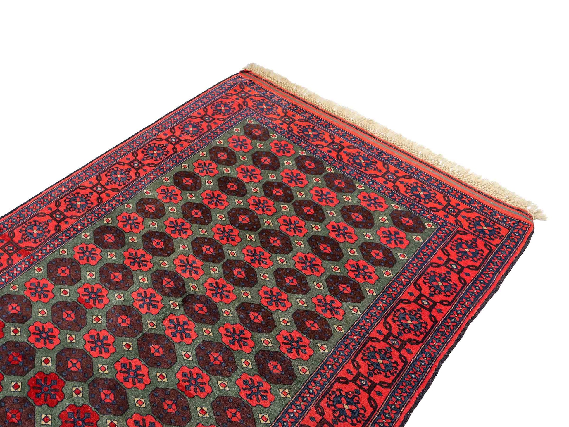Feiner, handgeknüpfter Afghan Wollteppich von Khademi. Größe: 170 x 130 cm. Farbe: Rot, grün. Verkauf durch JUPITER Intl.