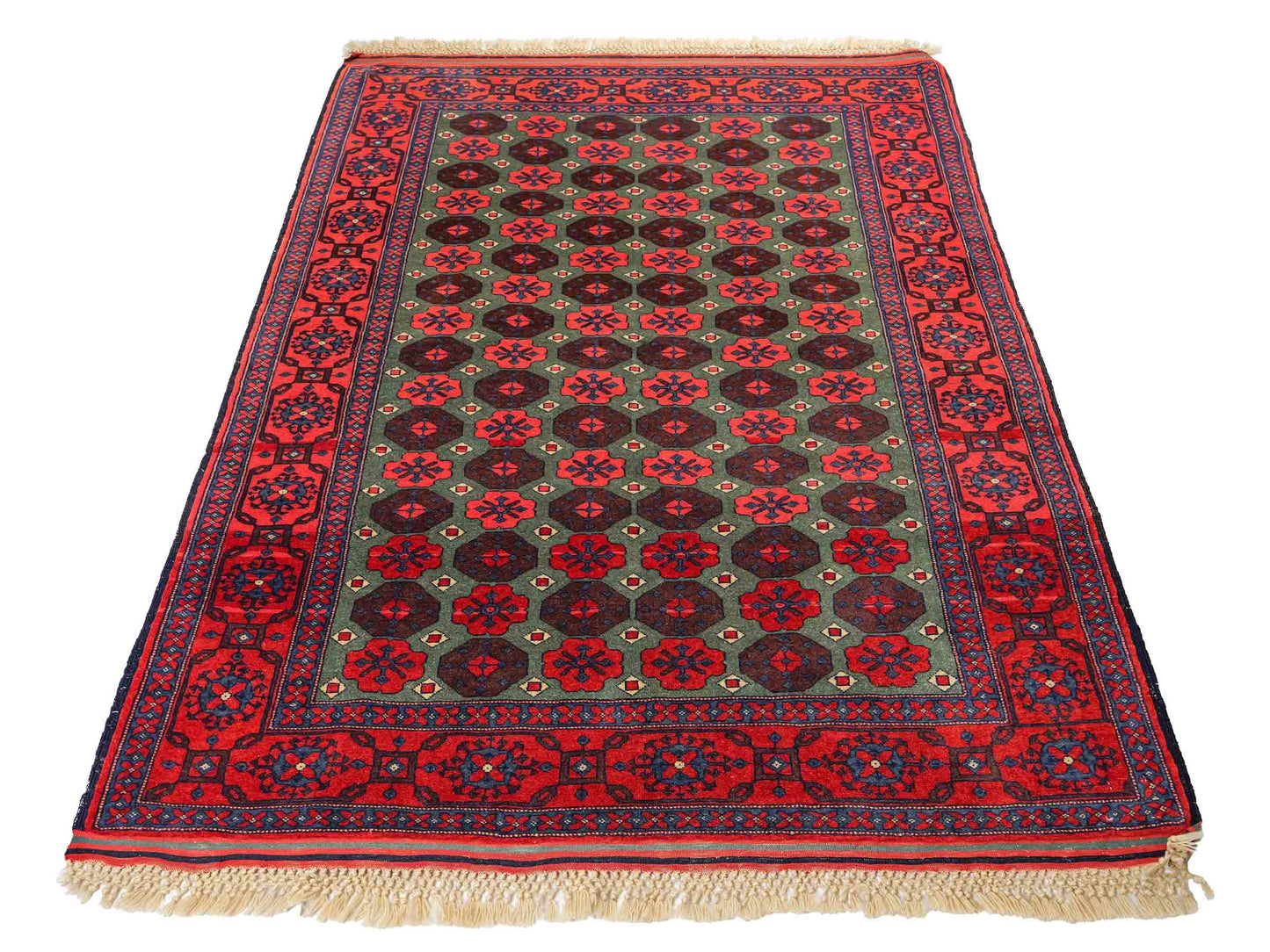 Feiner, handgeknüpfter Afghan Wollteppich von Khademi. Größe: 170 x 130 cm. Farbe: Rot, grün. Verkauf durch JUPITER Intl.
