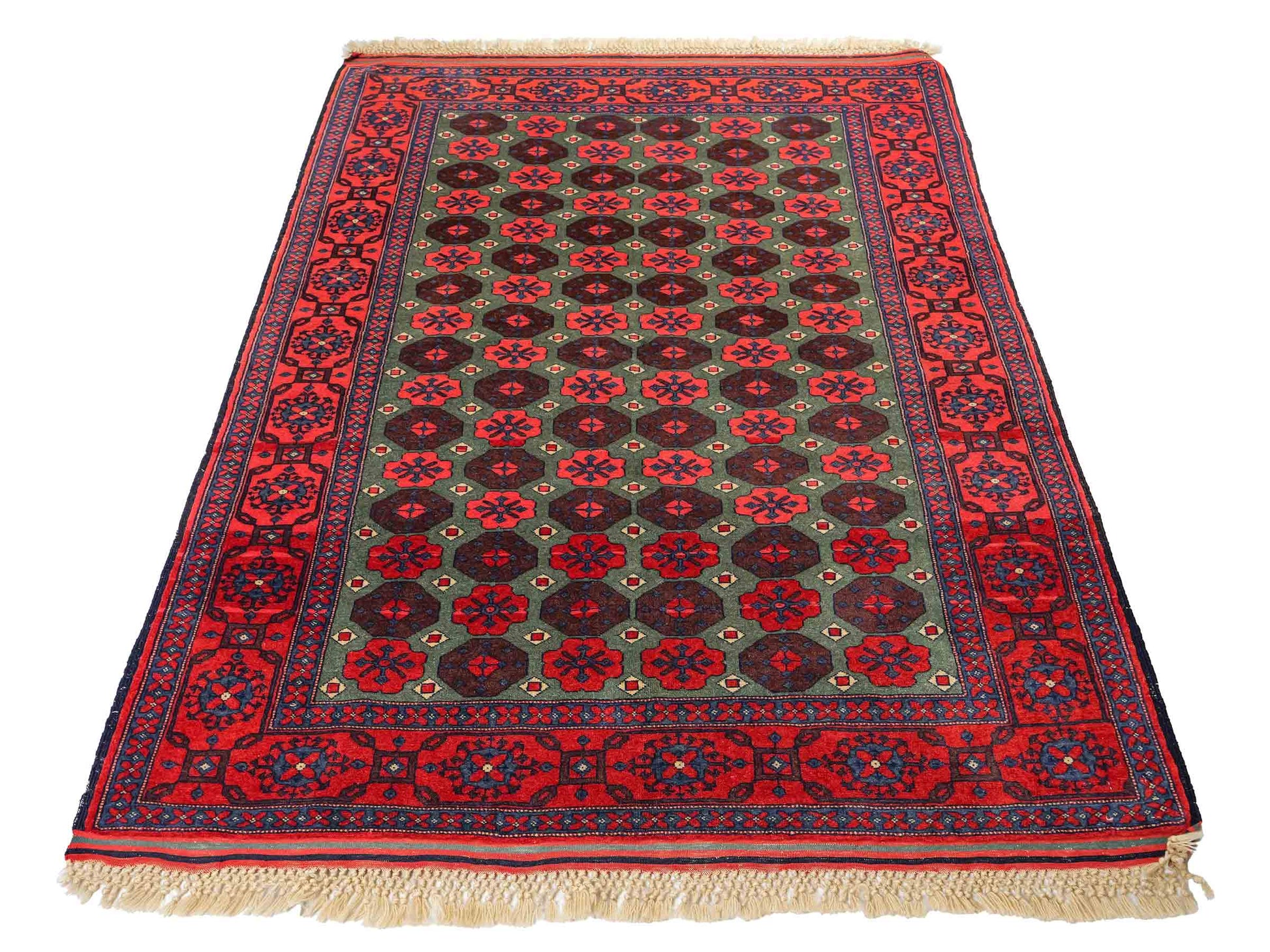 Feiner, handgeknüpfter Afghan Wollteppich von Khademi. Größe: 170 x 130 cm. Farbe: Rot, grün. Verkauf durch JUPITER Intl.