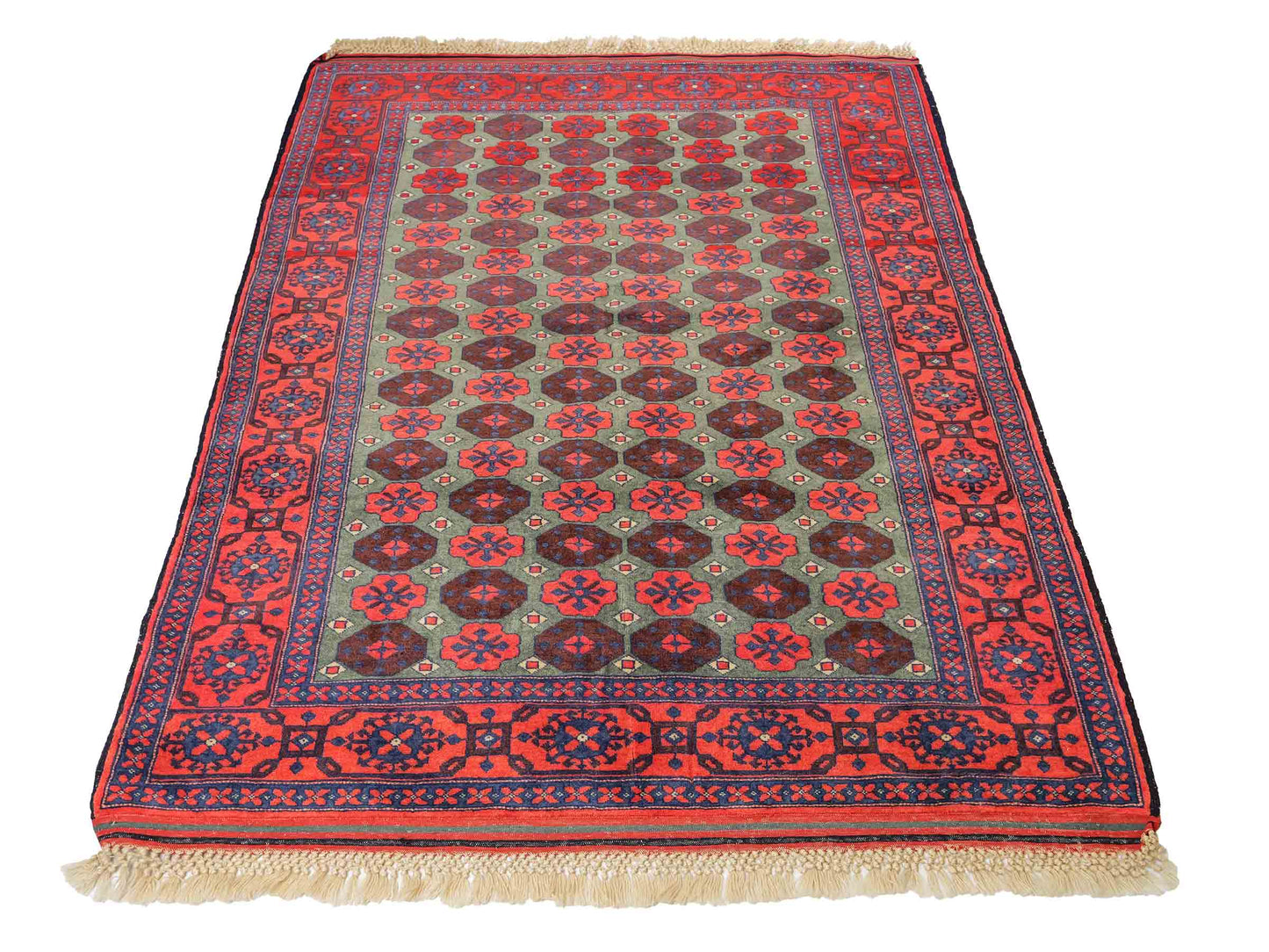 Feiner, handgeknüpfter Afghan Wollteppich von Khademi. Größe: 170 x 130 cm. Farbe: Rot, grün. Verkauf durch JUPITER Intl.