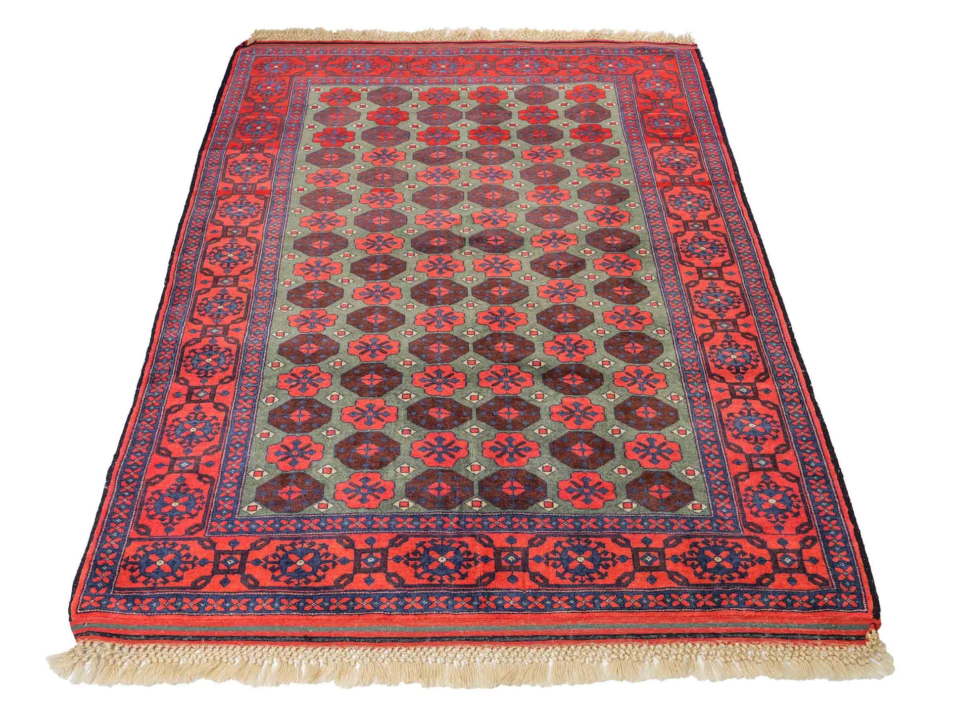 Feiner, handgeknüpfter Afghan Wollteppich von Khademi. Größe: 170 x 130 cm. Farbe: Rot, grün. Verkauf durch JUPITER Intl.