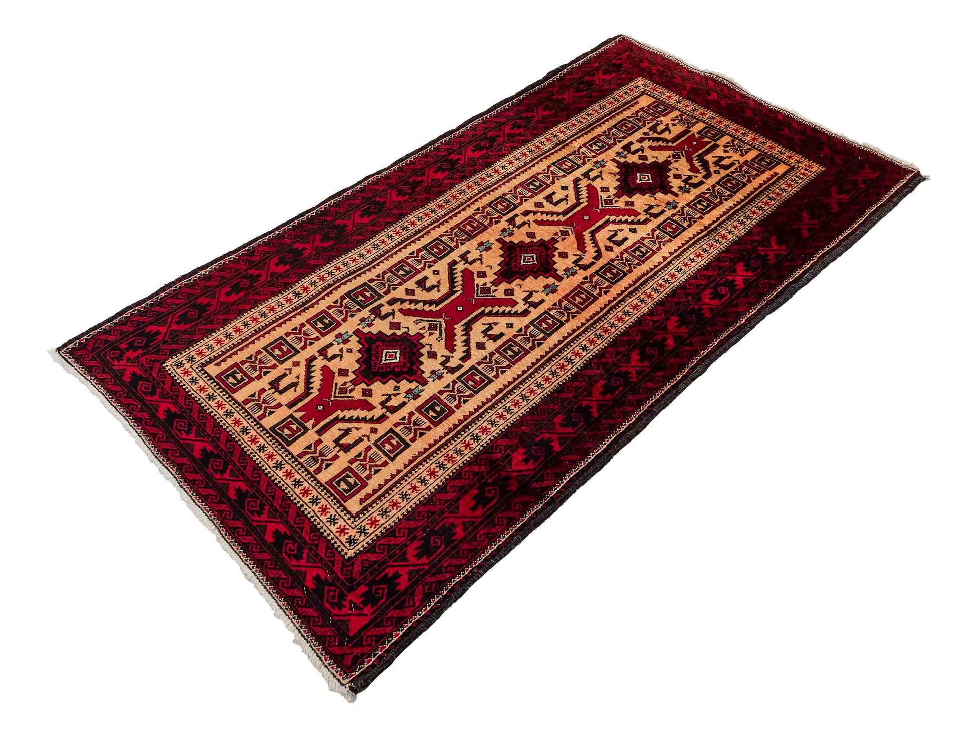 Feiner, handgeknüpfter Afghan Wollteppich von Khademi. Größe: 171 x 92 cm. Farbe: Cremeweiß, rot. Verkauf durch JUPITER Intl.
