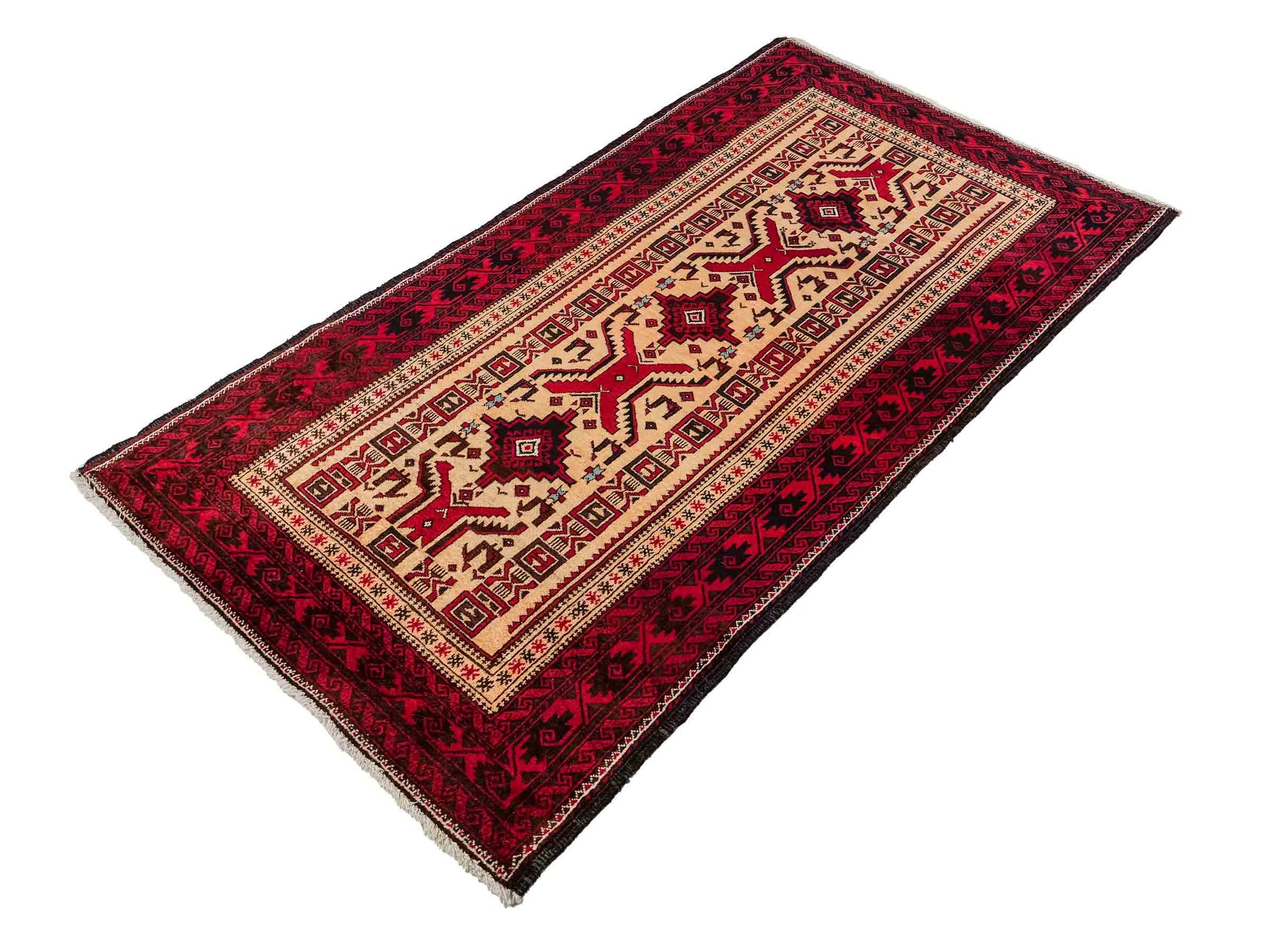 Feiner, handgeknüpfter Afghan Wollteppich von Khademi. Größe: 171 x 92 cm. Farbe: Cremeweiß, rot. Verkauf durch JUPITER Intl.