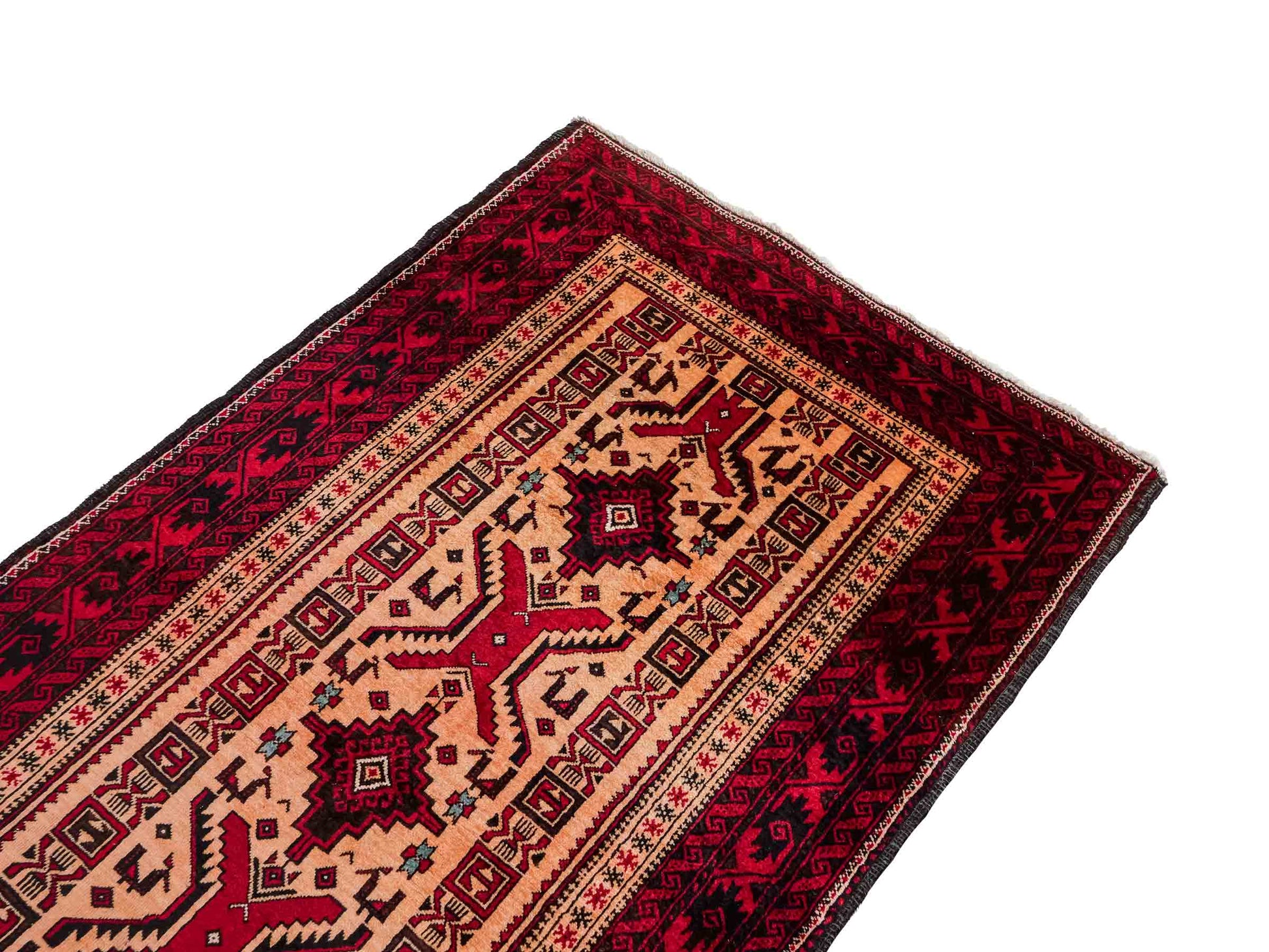 Feiner, handgeknüpfter Afghan Wollteppich von Khademi. Größe: 171 x 92 cm. Farbe: Cremeweiß, rot. Verkauf durch JUPITER Intl.