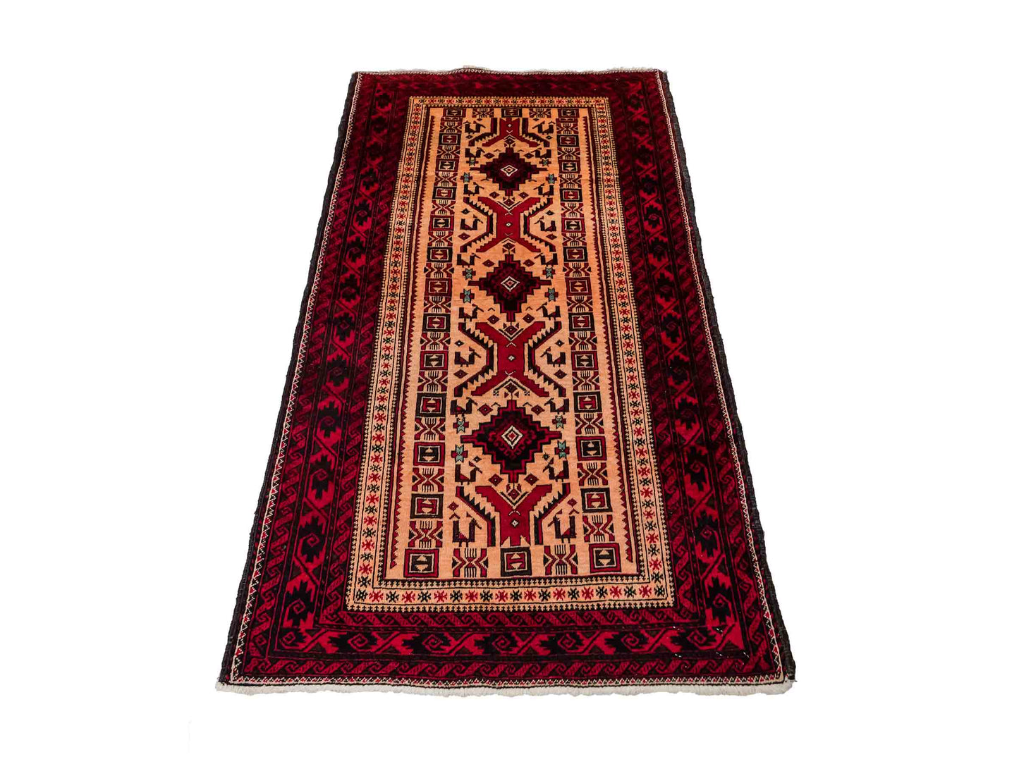 Feiner, handgeknüpfter Afghan Wollteppich von Khademi. Größe: 171 x 92 cm. Farbe: Cremeweiß, rot. Verkauf durch JUPITER Intl.