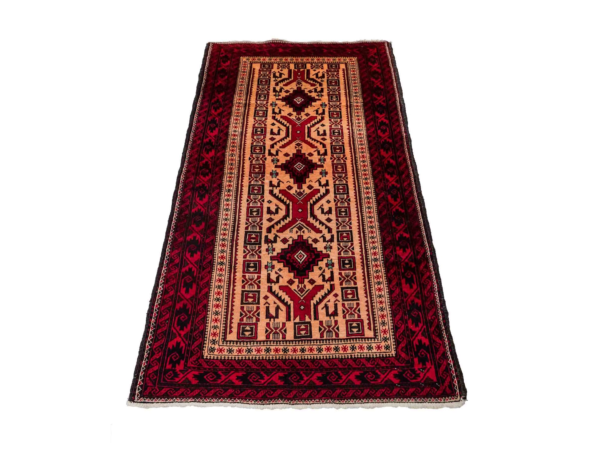 Feiner, handgeknüpfter Afghan Wollteppich von Khademi. Größe: 171 x 92 cm. Farbe: Cremeweiß, rot. Verkauf durch JUPITER Intl.