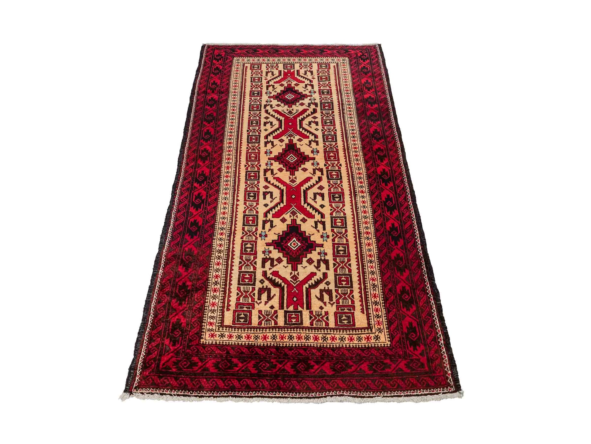 Feiner, handgeknüpfter Afghan Wollteppich von Khademi. Größe: 171 x 92 cm. Farbe: Cremeweiß, rot. Verkauf durch JUPITER Intl.