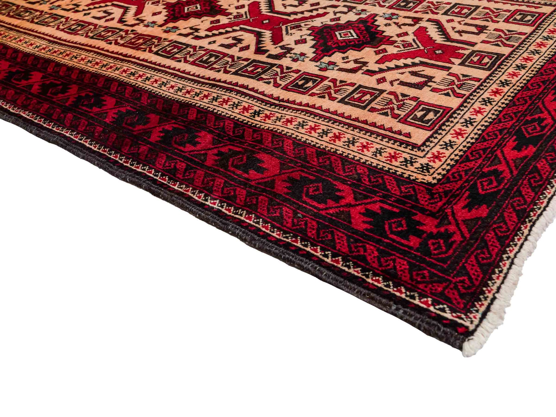 Feiner, handgeknüpfter Afghan Wollteppich von Khademi. Größe: 171 x 92 cm. Farbe: Cremeweiß, rot. Verkauf durch JUPITER Intl.