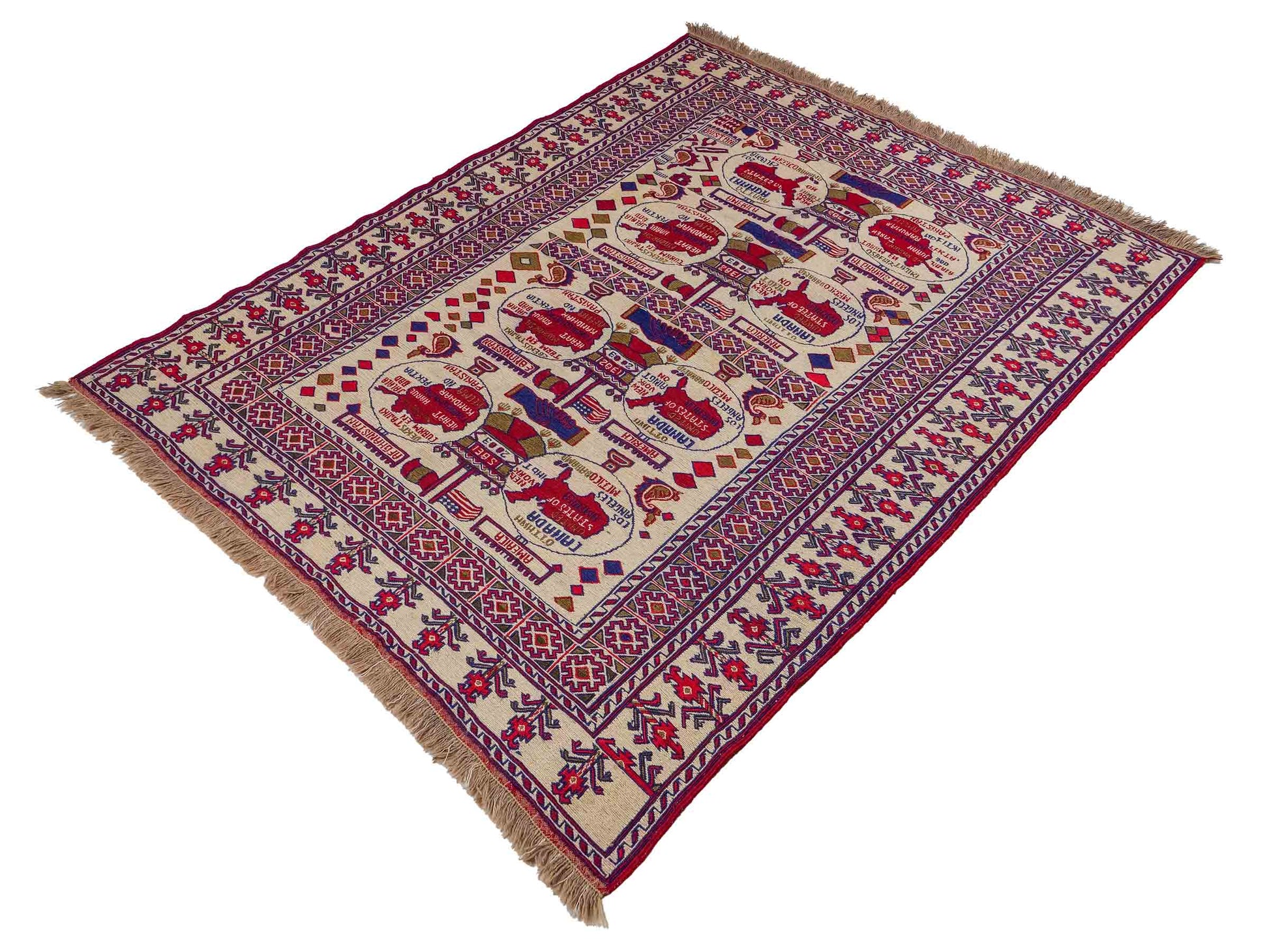 Feiner, handgeknüpfter Afghan Wollteppich von Khademi. Größe: 172 x 137 cm. Farbe: Cremeweiß, blau, rot. Verkauf durch JUPITER Intl.