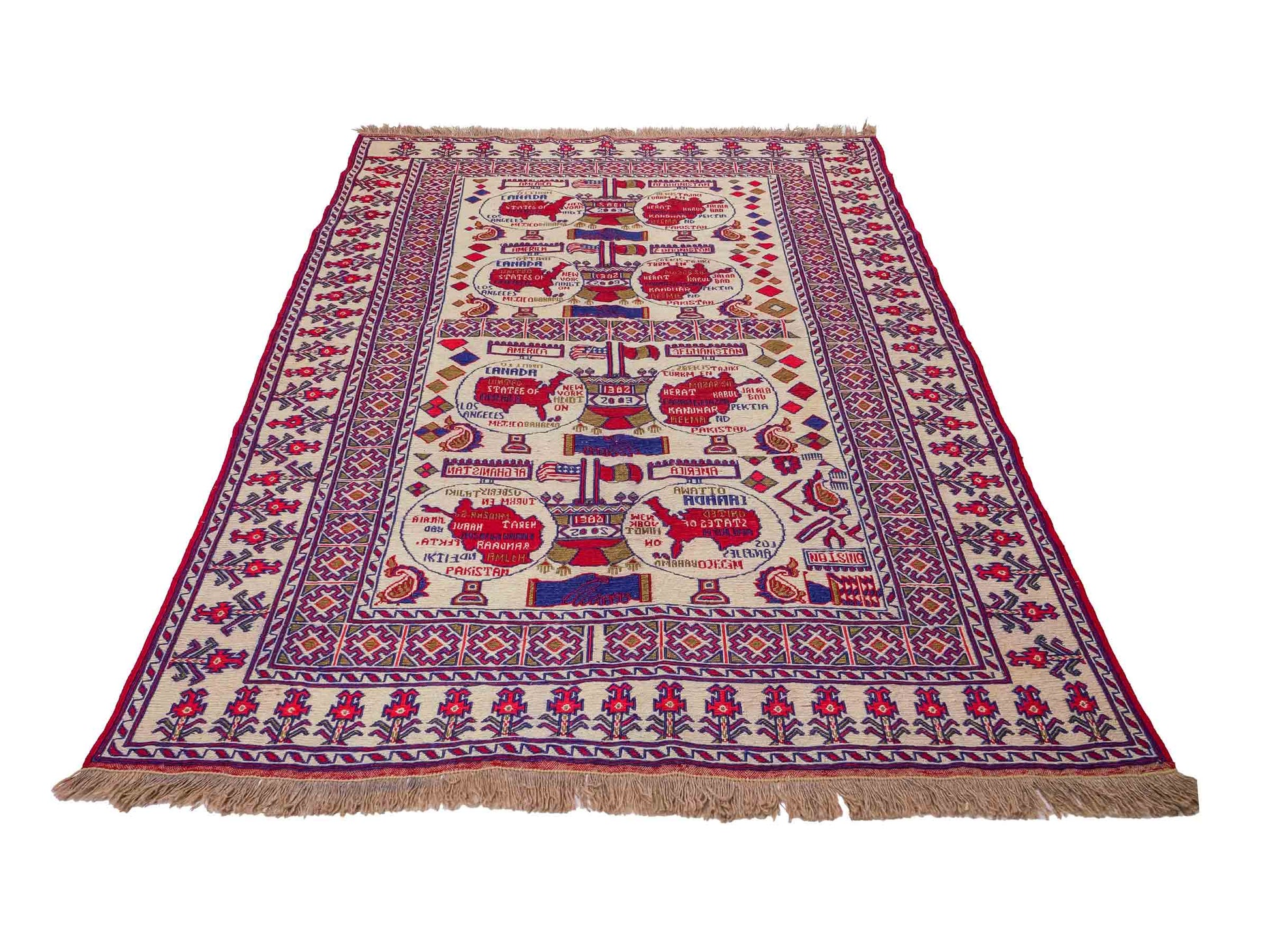 Feiner, handgeknüpfter Afghan Wollteppich von Khademi. Größe: 172 x 137 cm. Farbe: Cremeweiß, blau, rot. Verkauf durch JUPITER Intl.