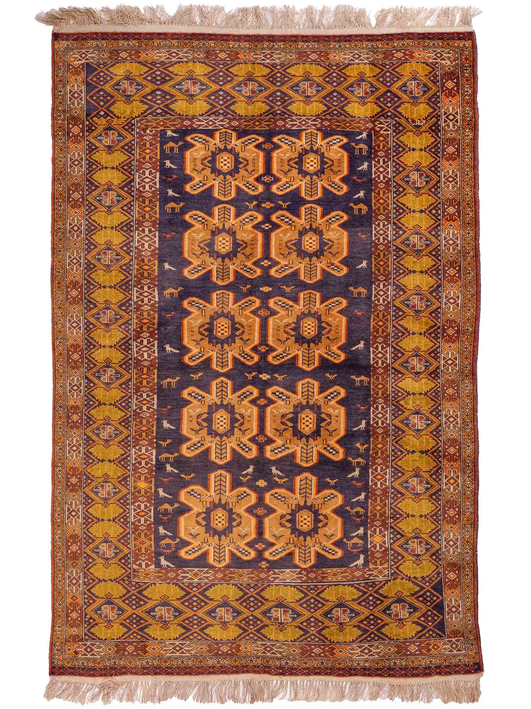 Feiner, handgeknüpfter Afghan Wollteppich mit Seidenkette von Khademi. Größe: 175 x 108 cm. Farbe: Gold, blau. Verkauf durch JUPITER Intl.