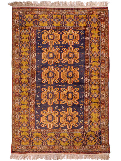 Feiner, handgeknüpfter Afghan Wollteppich mit Seidenkette von Khademi. Größe: 175 x 108 cm. Farbe: Gold, blau. Verkauf durch JUPITER Intl.