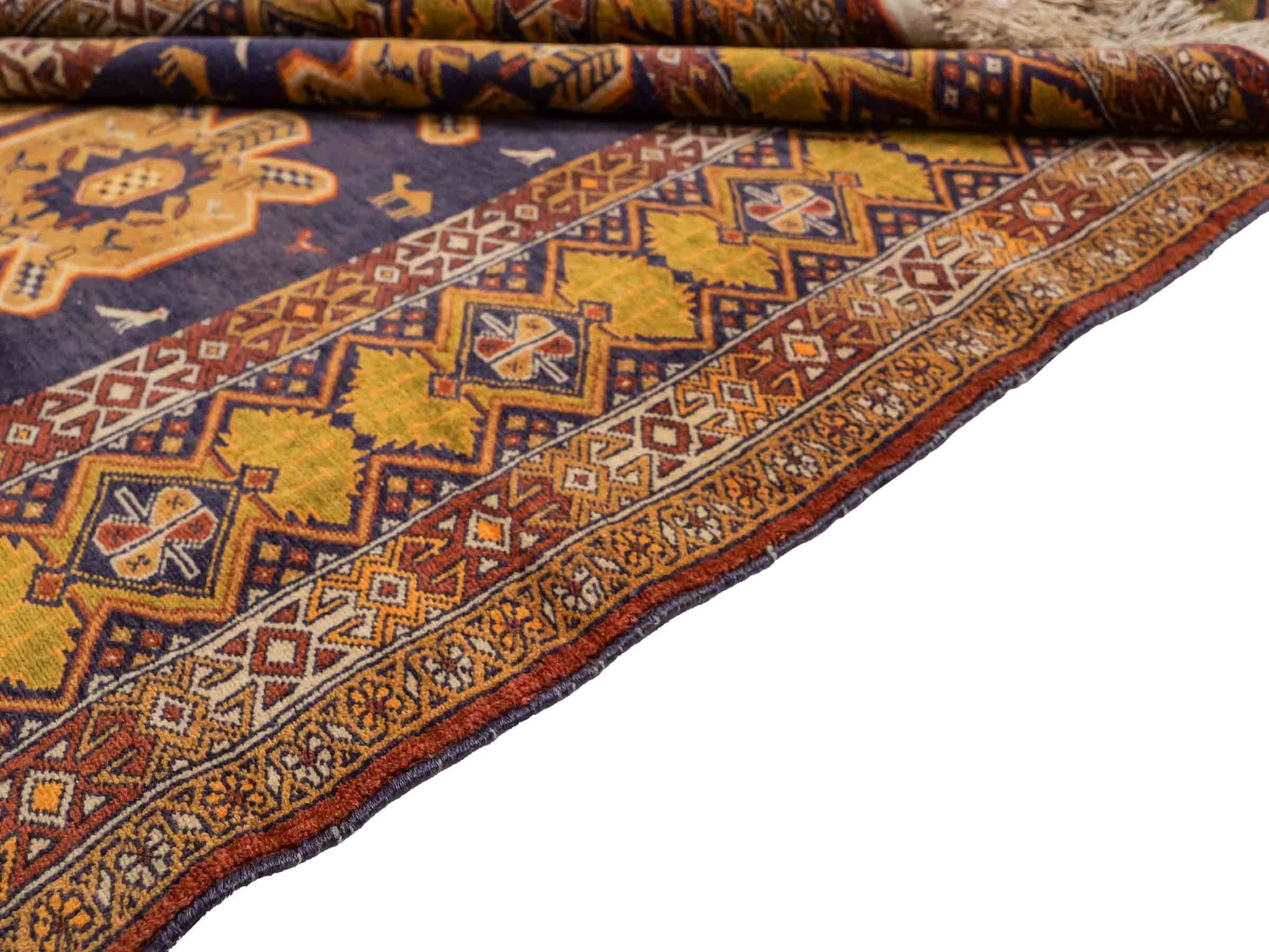 Feiner, handgeknüpfter Afghan Wollteppich mit Seidenkette von Khademi. Größe: 175 x 108 cm. Farbe: Gold, blau. Verkauf durch JUPITER Intl.