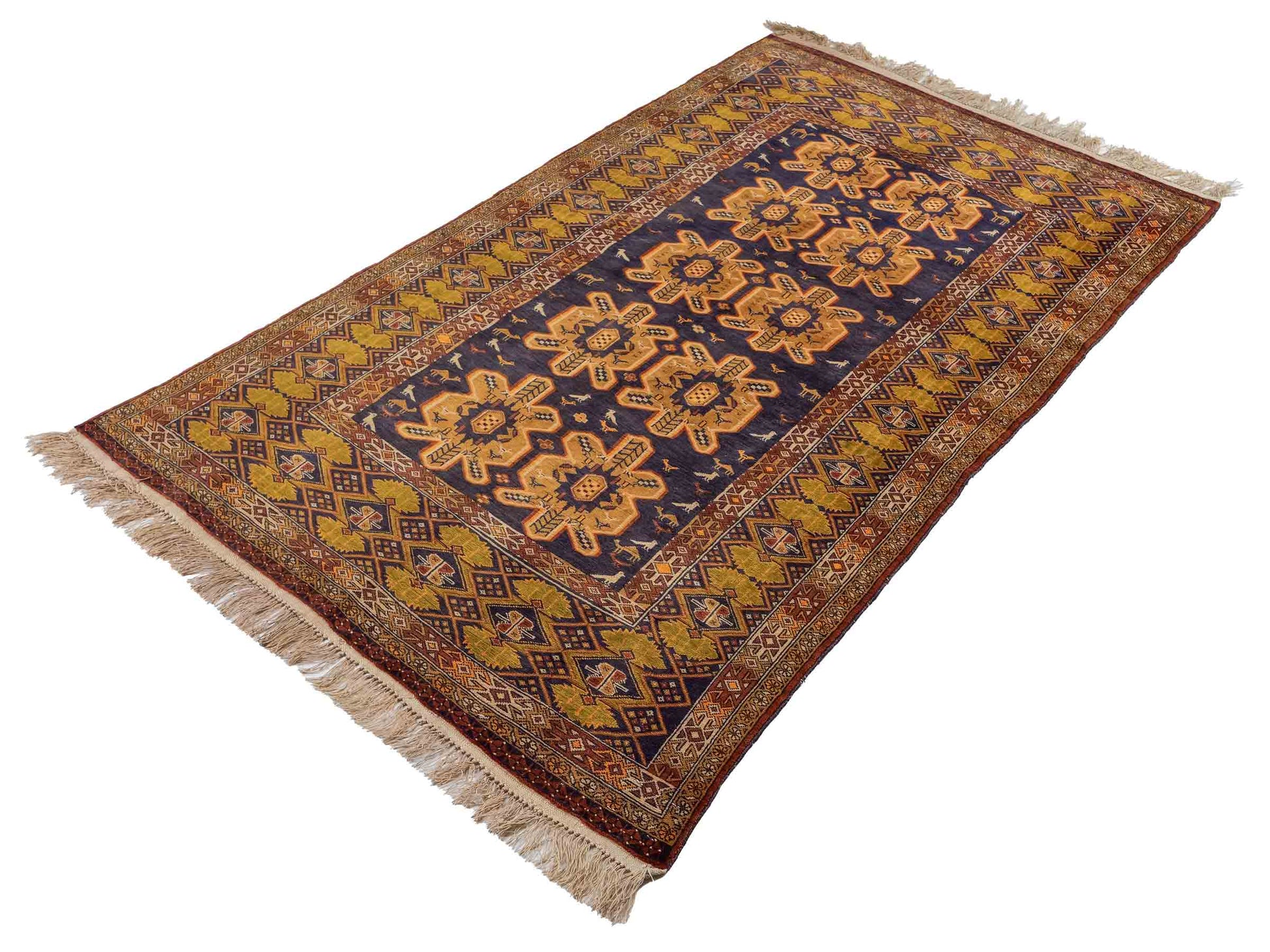 Feiner, handgeknüpfter Afghan Wollteppich mit Seidenkette von Khademi. Größe: 175 x 108 cm. Farbe: Gold, blau. Verkauf durch JUPITER Intl.