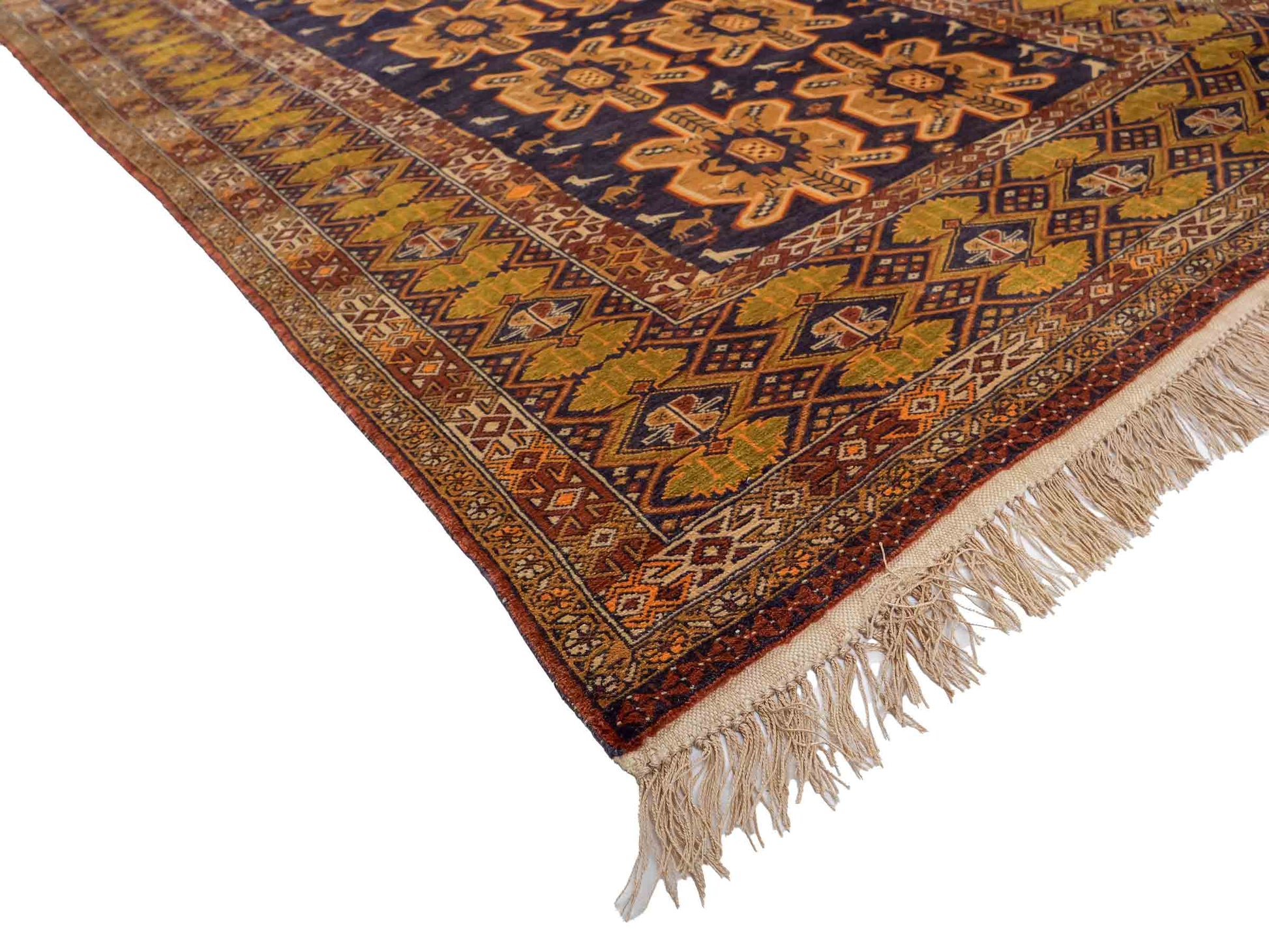 Feiner, handgeknüpfter Afghan Wollteppich mit Seidenkette von Khademi. Größe: 175 x 108 cm. Farbe: Gold, blau. Verkauf durch JUPITER Intl.