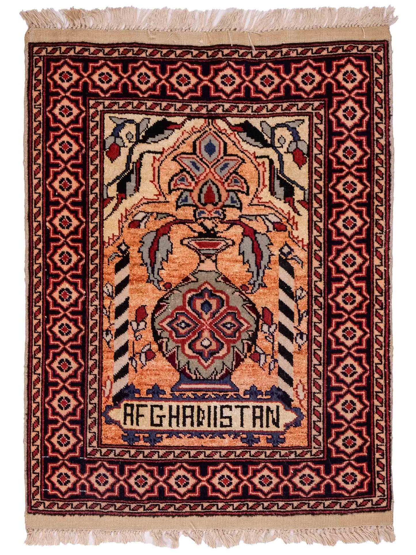 Feiner, handgeknüpfter Afghan Mauri Orientteppich aus Wolle mit Seide von Khademi. Farbe: Beige, gold, blau. Größe: 70 x 58 cm. Vertrieb durch JUPITER Intl.