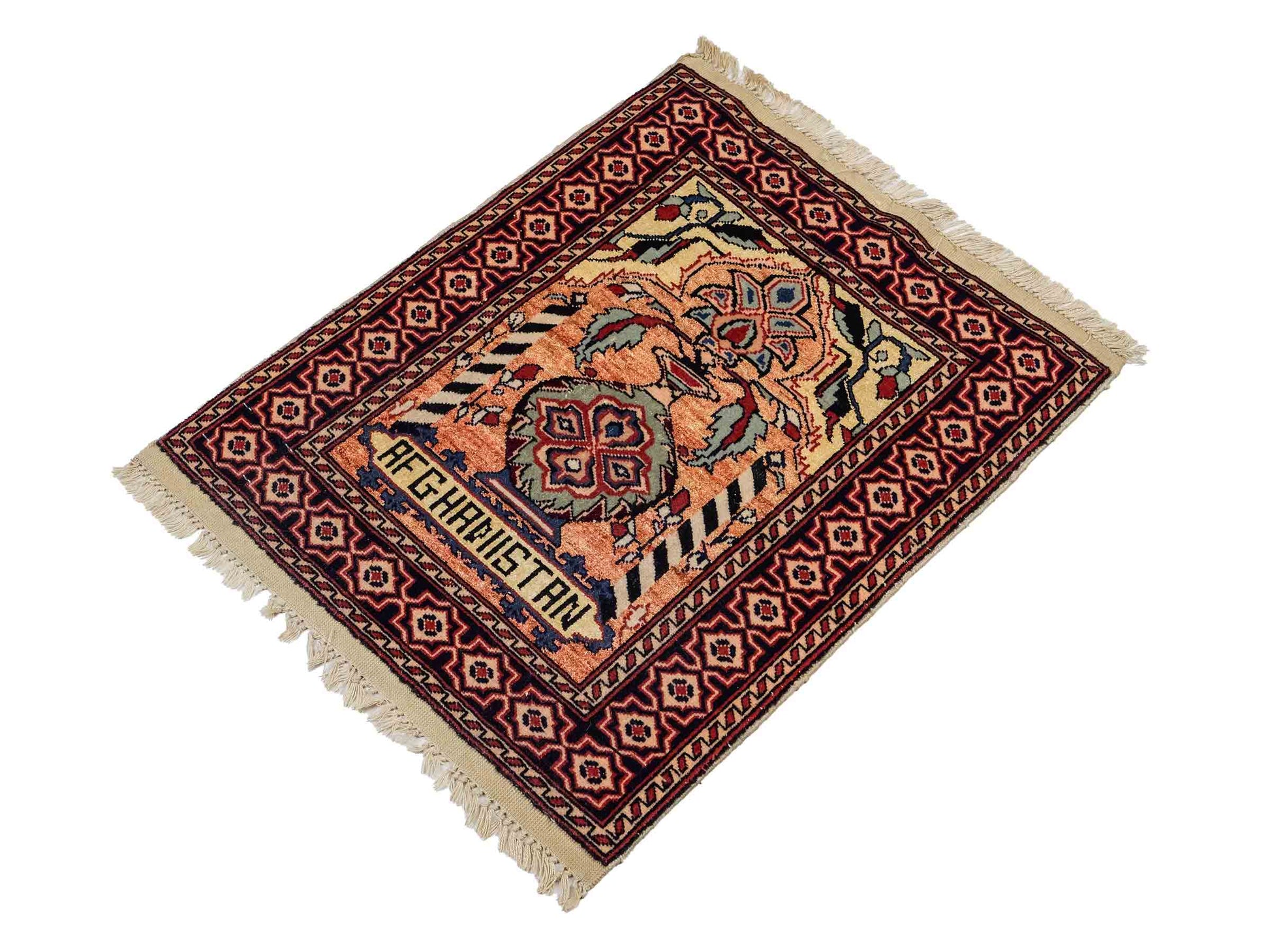 Feiner, handgeknüpfter Afghan Mauri Orientteppich aus Wolle mit Seide von Khademi. Farbe: Beige, gold, blau. Größe: 70 x 58 cm. Vertrieb durch JUPITER Intl.