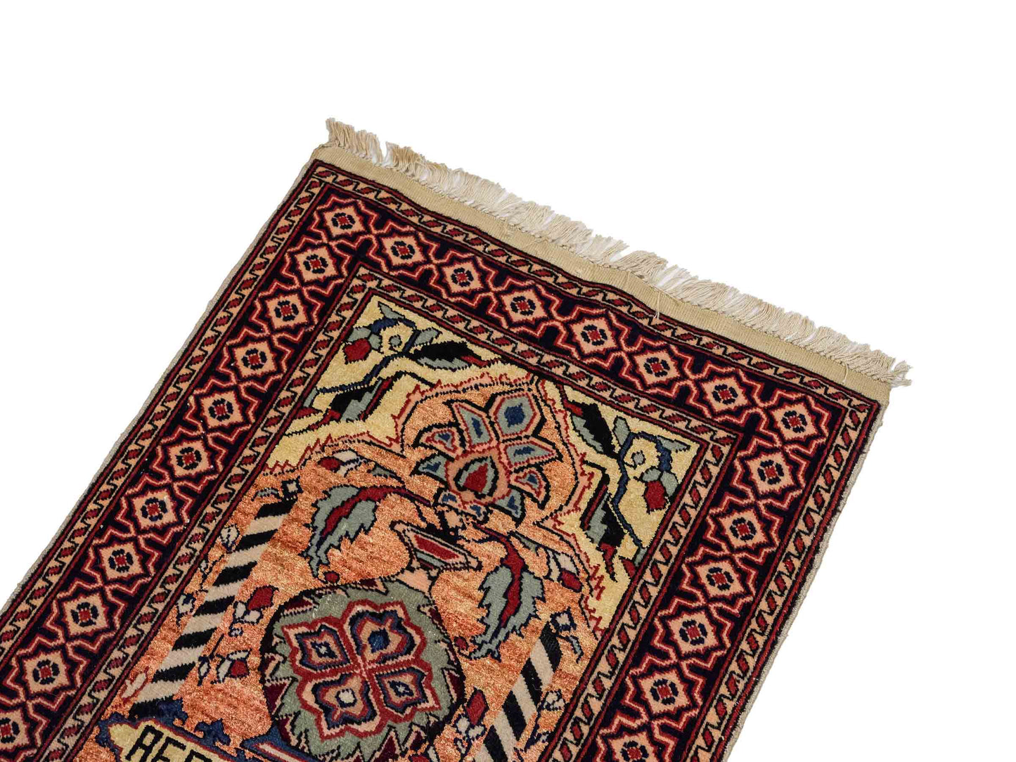 Feiner, handgeknüpfter Afghan Mauri Orientteppich aus Wolle mit Seide von Khademi. Farbe: Beige, gold, blau. Größe: 70 x 58 cm. Vertrieb durch JUPITER Intl.