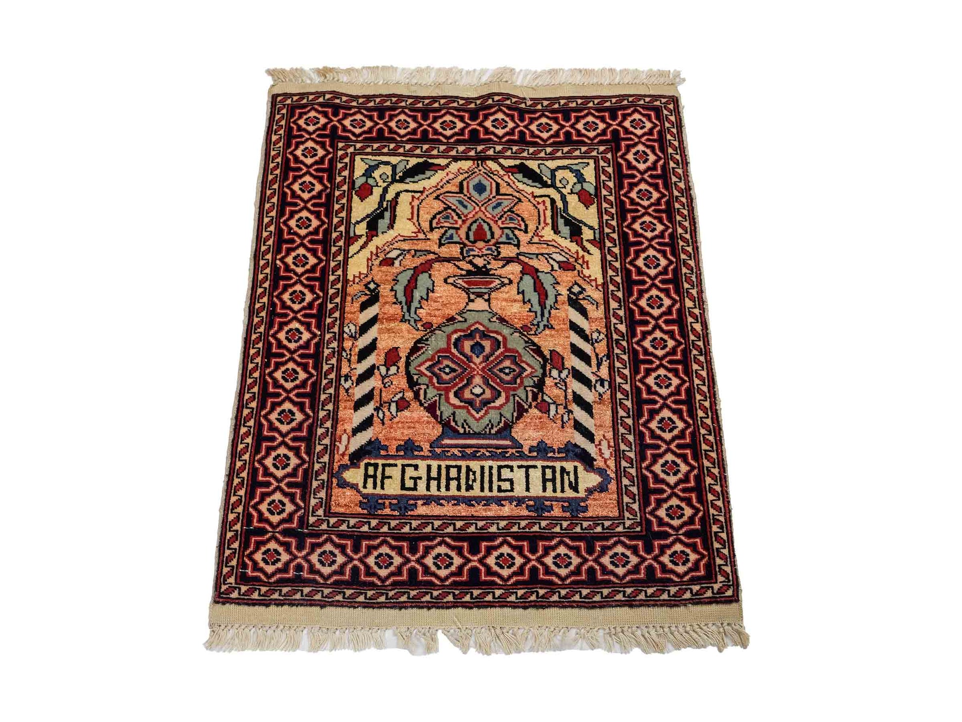 Feiner, handgeknüpfter Afghan Mauri Orientteppich aus Wolle mit Seide von Khademi. Farbe: Beige, gold, blau. Größe: 70 x 58 cm. Vertrieb durch JUPITER Intl.